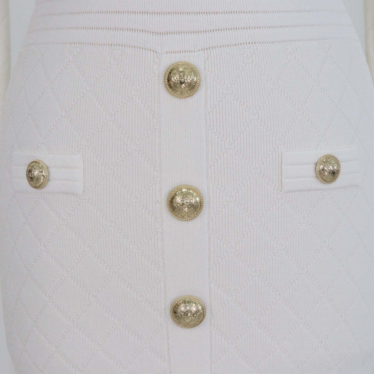 Balmain White Jacquard Knit Button Detail Mini Dress