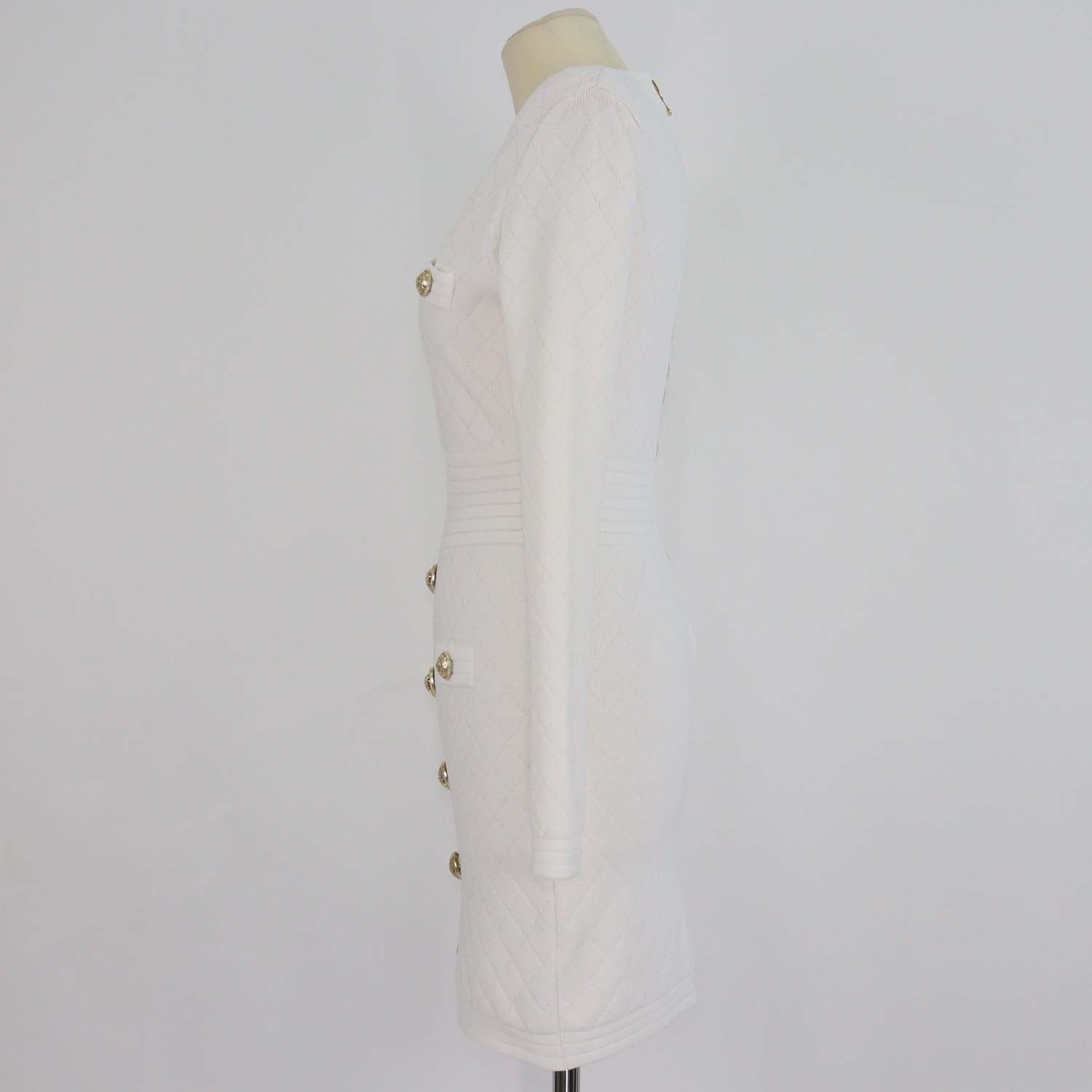 Balmain White Jacquard Knit Button Detail Mini Dress