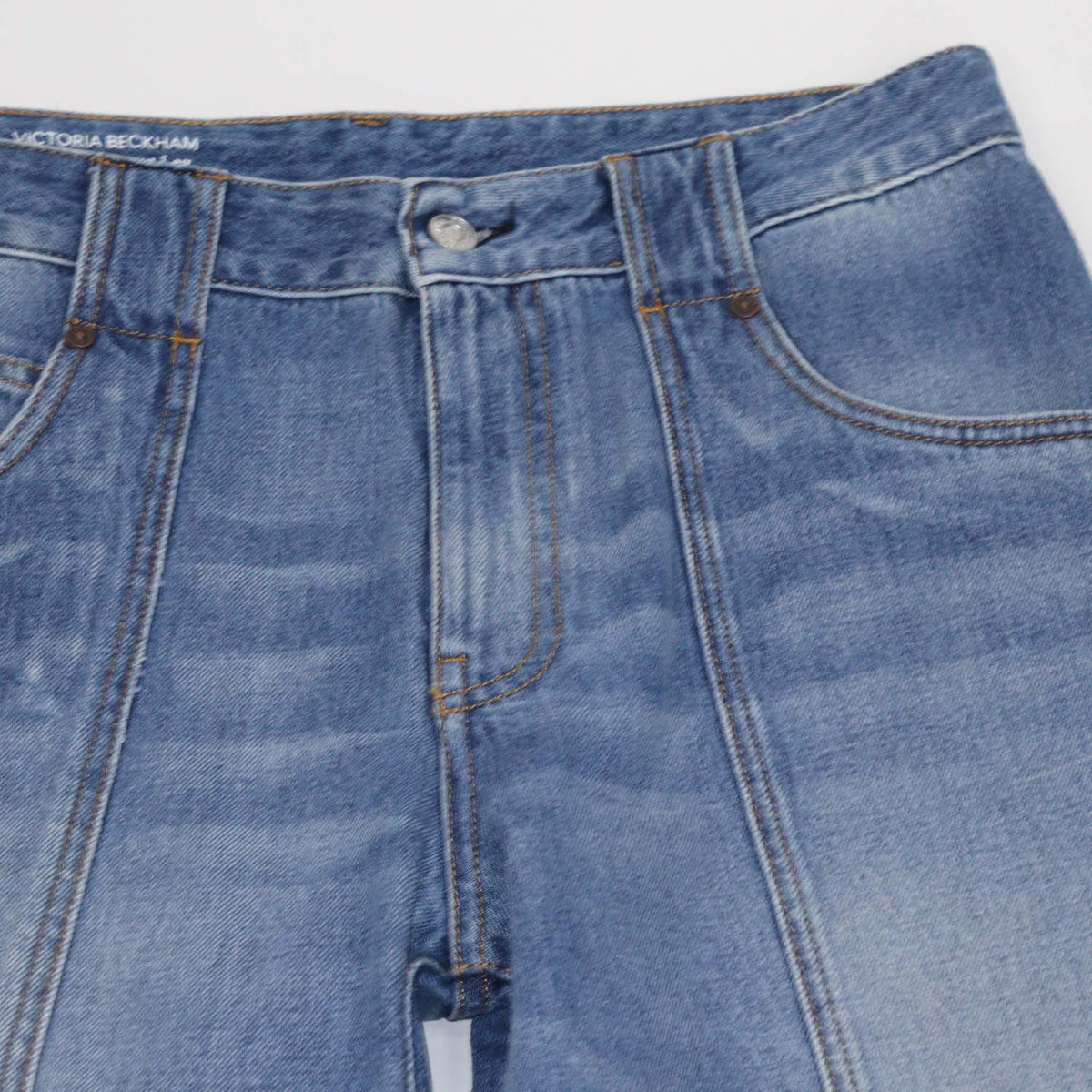 Victoria Beckham Washed Blue Denim Low Rise Bootcut Leg Pants