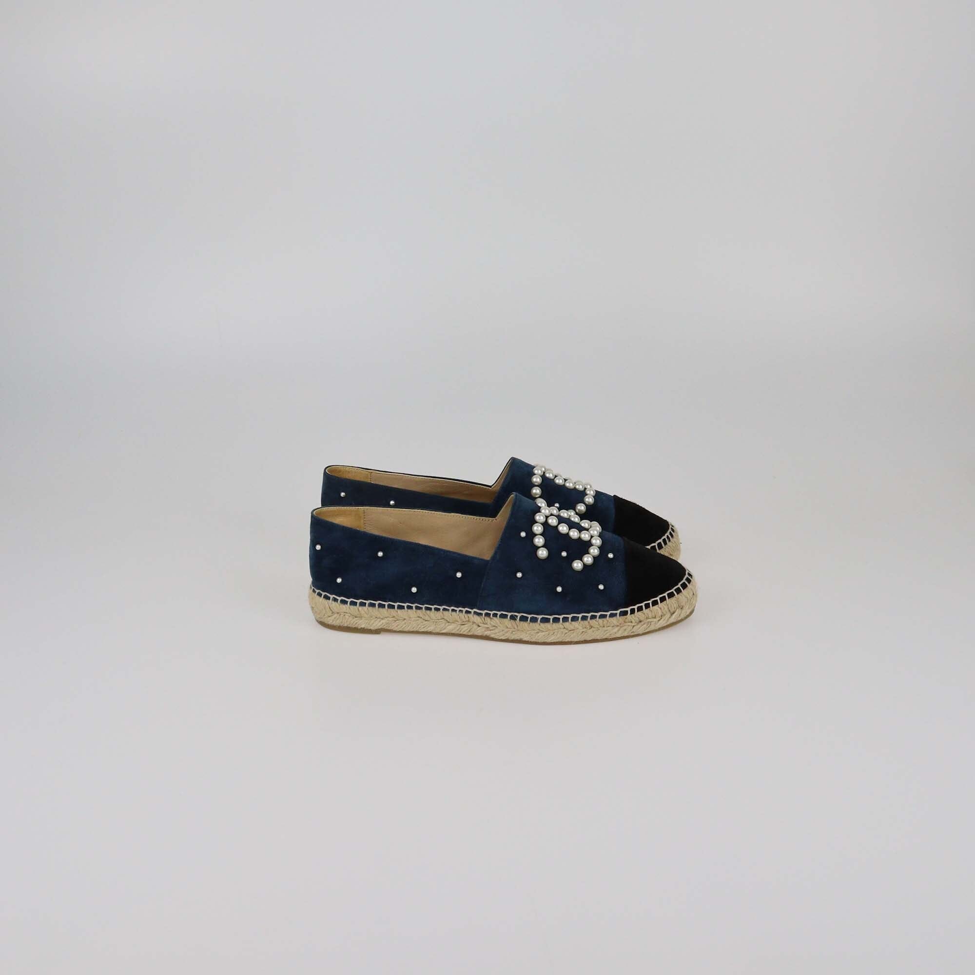 Chanel Navy Blue/Black CC Pearl Espadrille Cap Toe Flats Womens Chanel