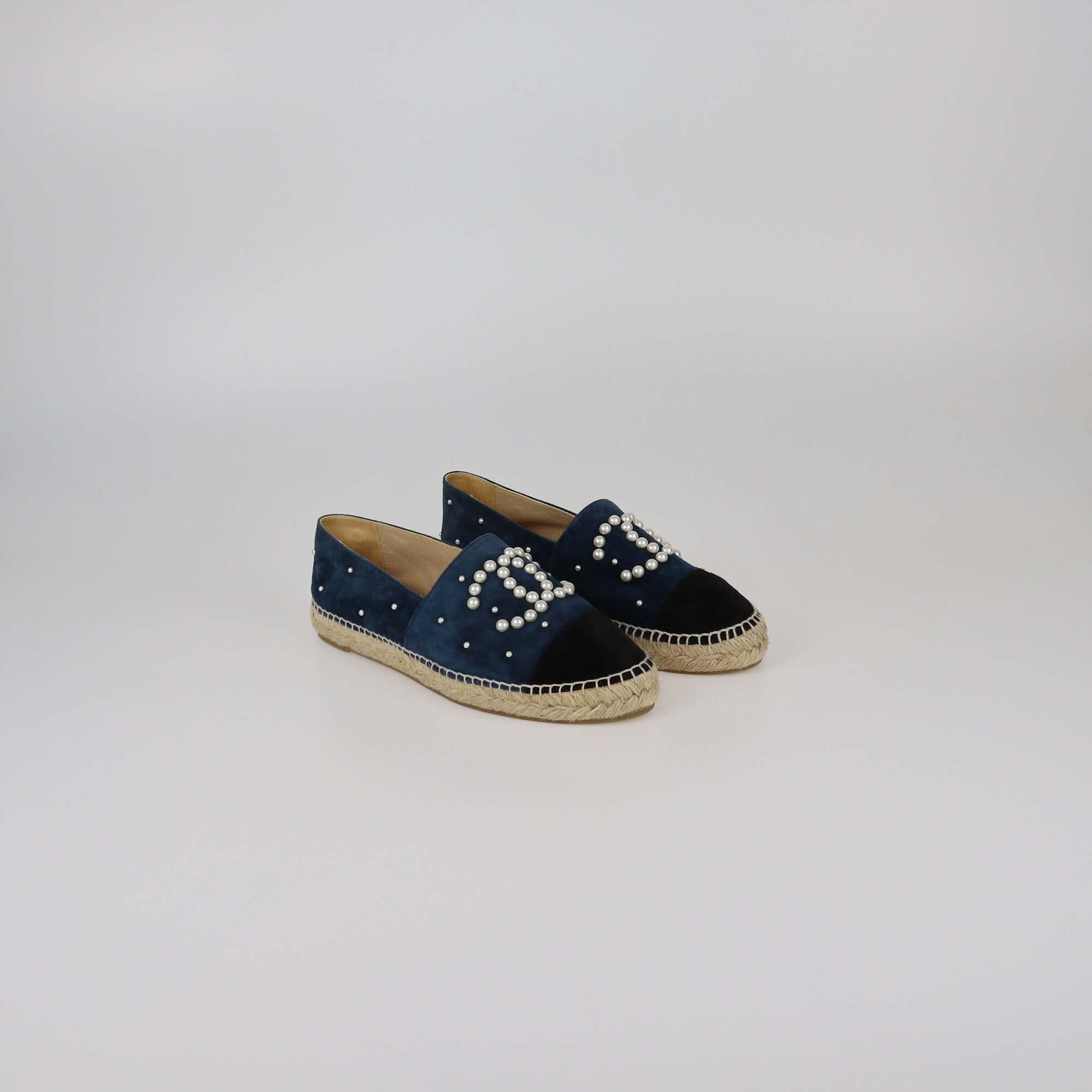 Chanel Navy Blue/Black CC Pearl Espadrille Cap Toe Flats Womens Chanel