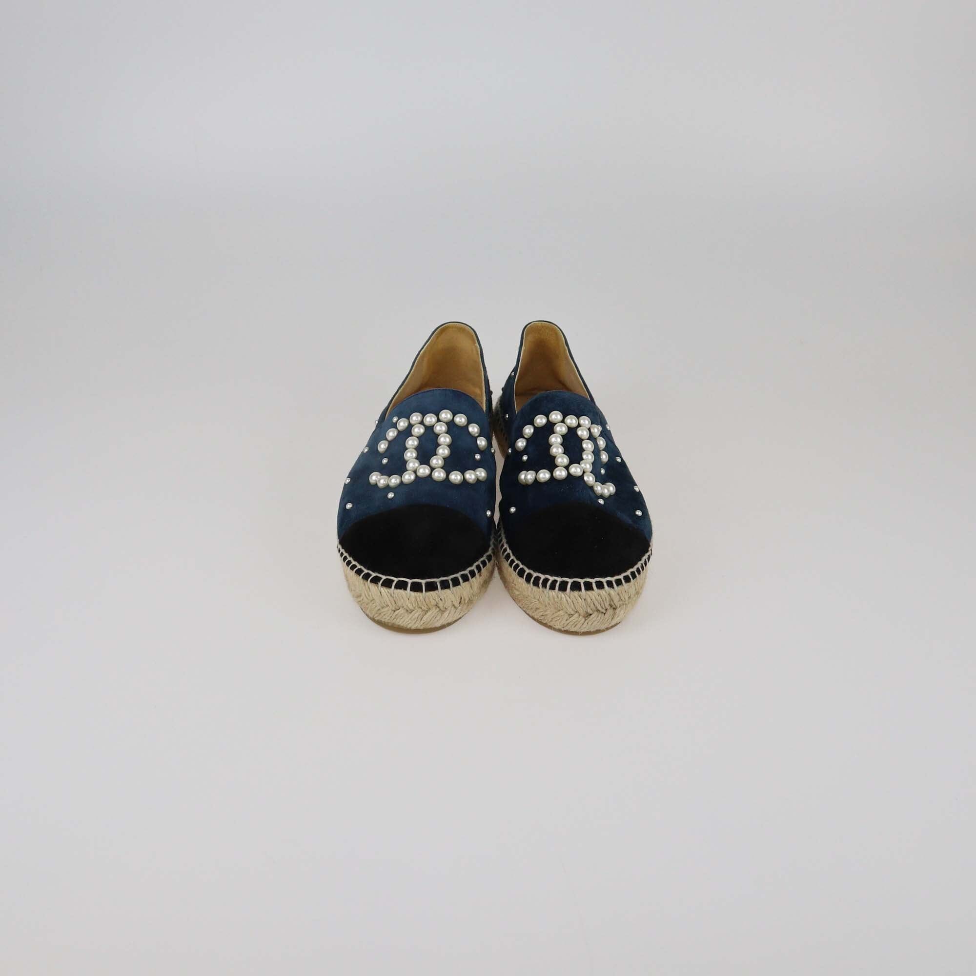 Chanel Navy Blue/Black CC Pearl Espadrille Cap Toe Flats Womens Chanel
