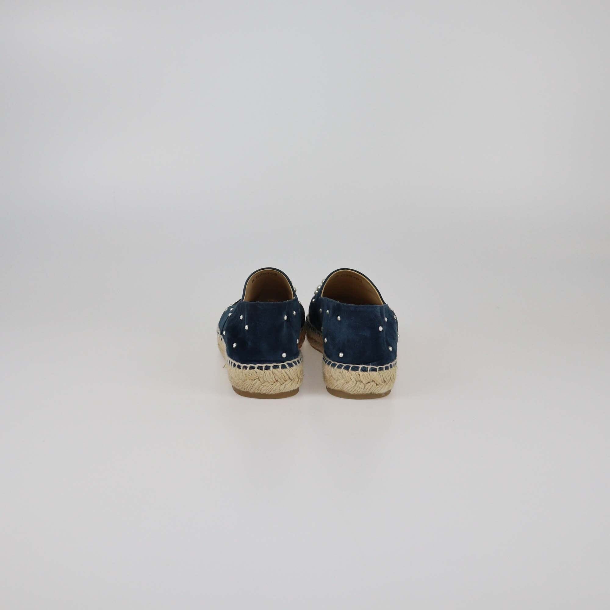 Chanel Navy Blue/Black CC Pearl Espadrille Cap Toe Flats Womens Chanel
