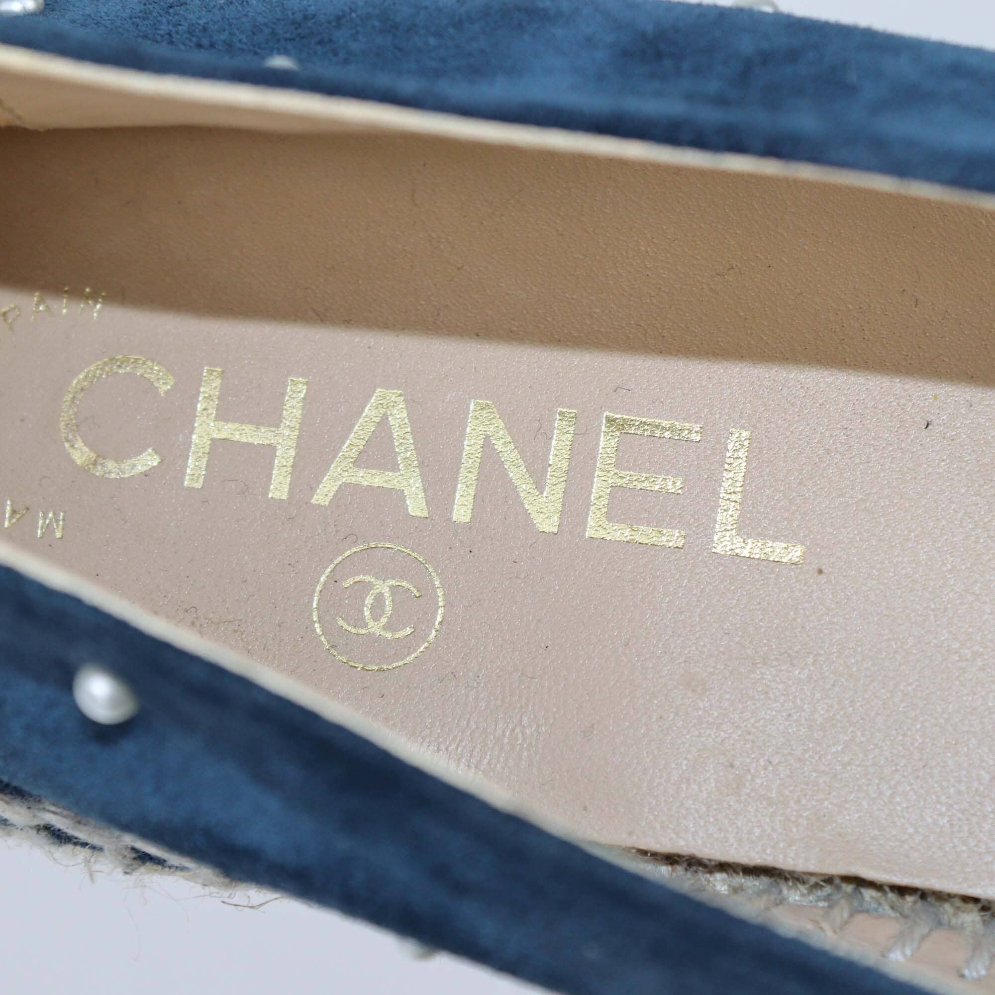 Chanel Navy Blue/Black CC Pearl Espadrille Cap Toe Flats Womens Chanel