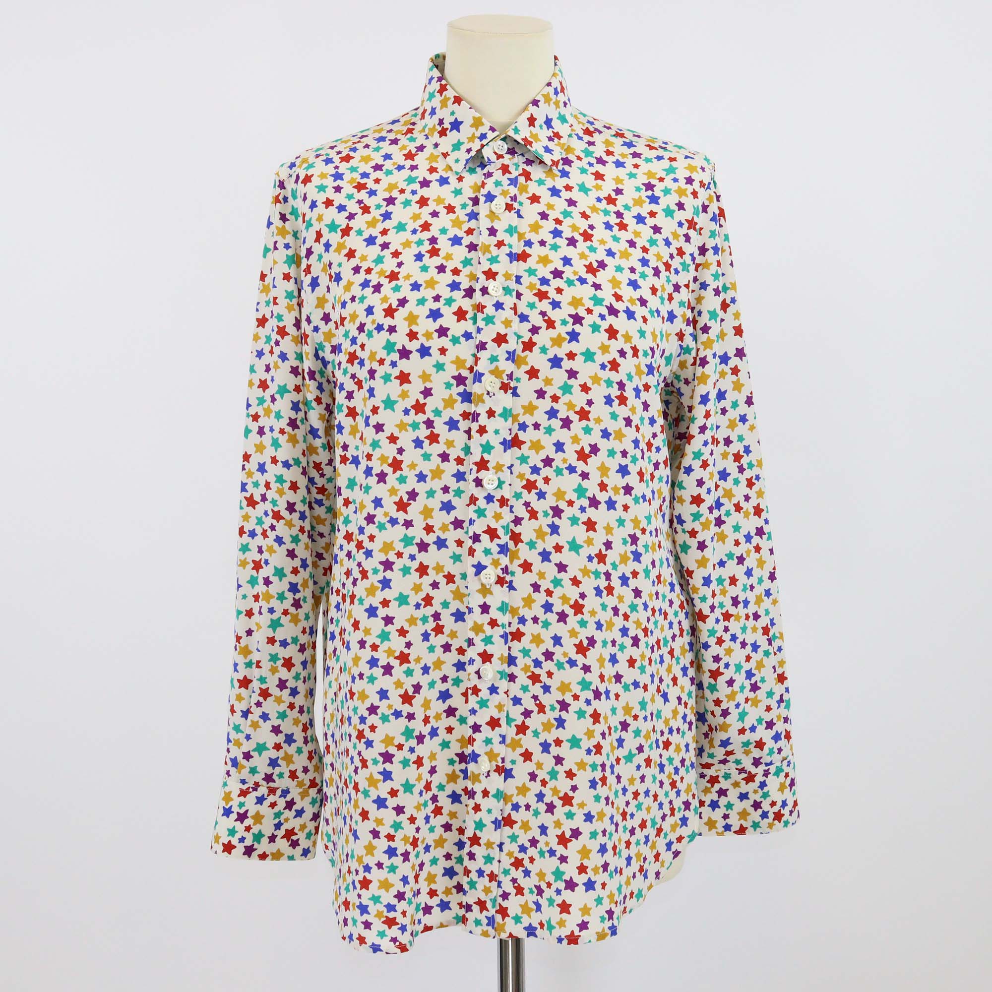 Saint Laurent Paris Multicolor Star Printed Silk Long Sleeve Button Front Shirt