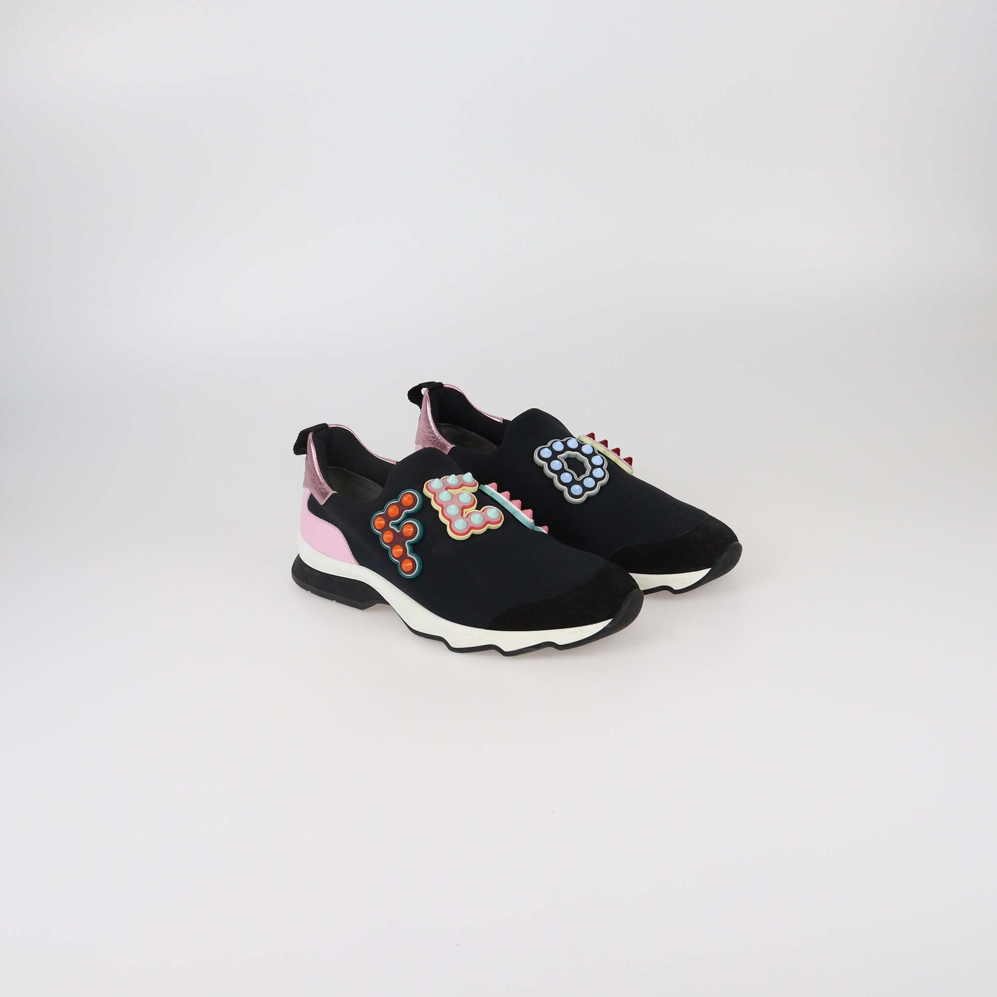 Fendi Black/Pink Fun Fair Logo Slip On Sneakers Womens Fendi