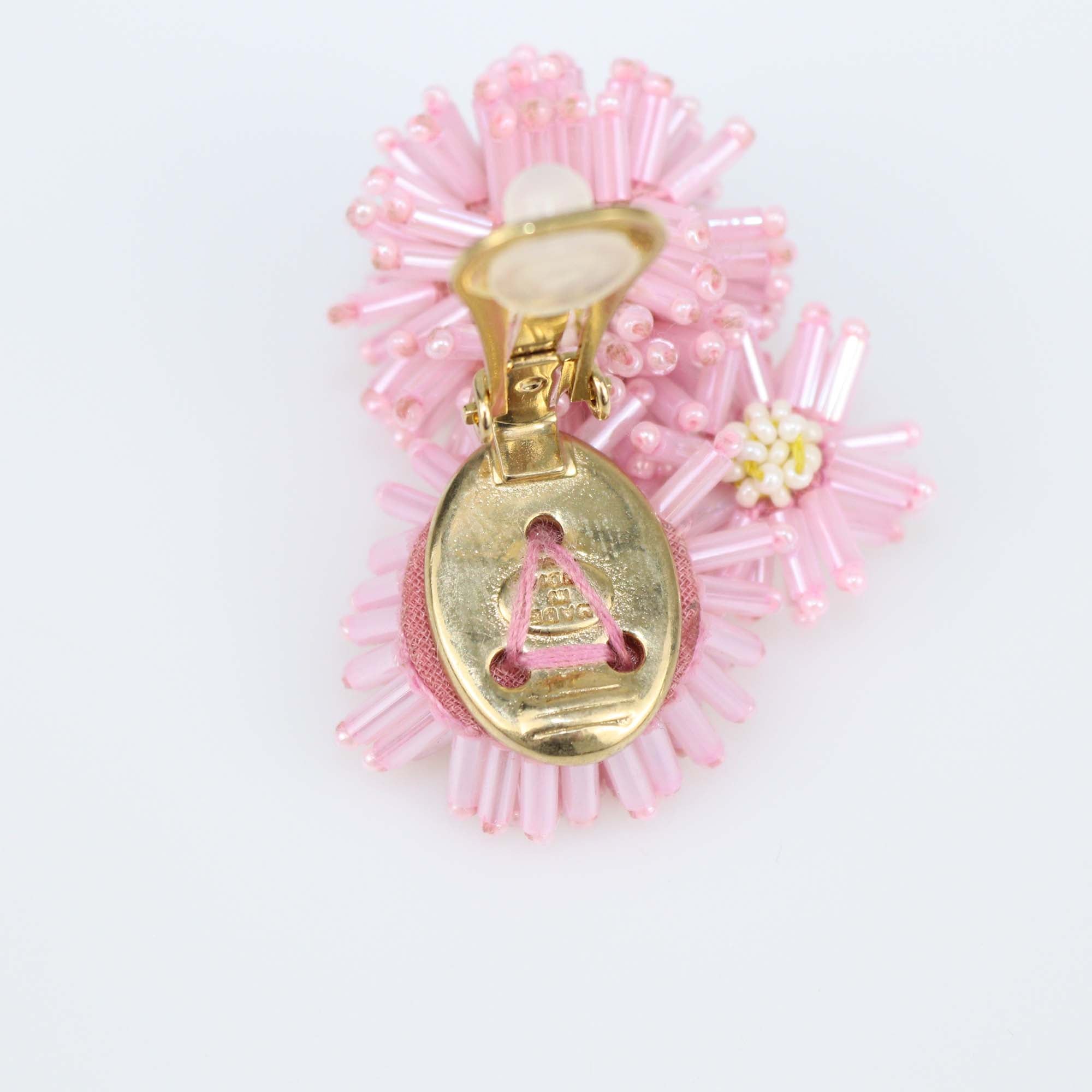 Oscar Dela Renta Pink Pom-Pom Flower Stud Clip on Earrings