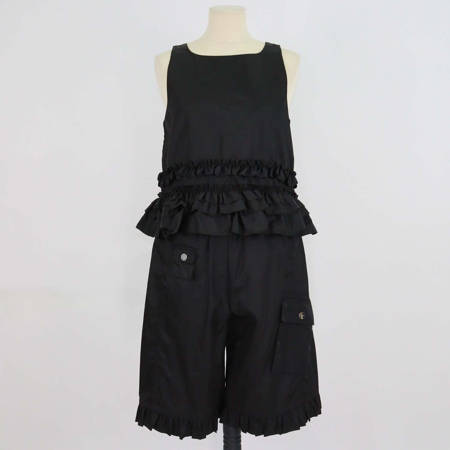 Ganni Black Polyamide Ruffled Top & Cargo Shorts Set