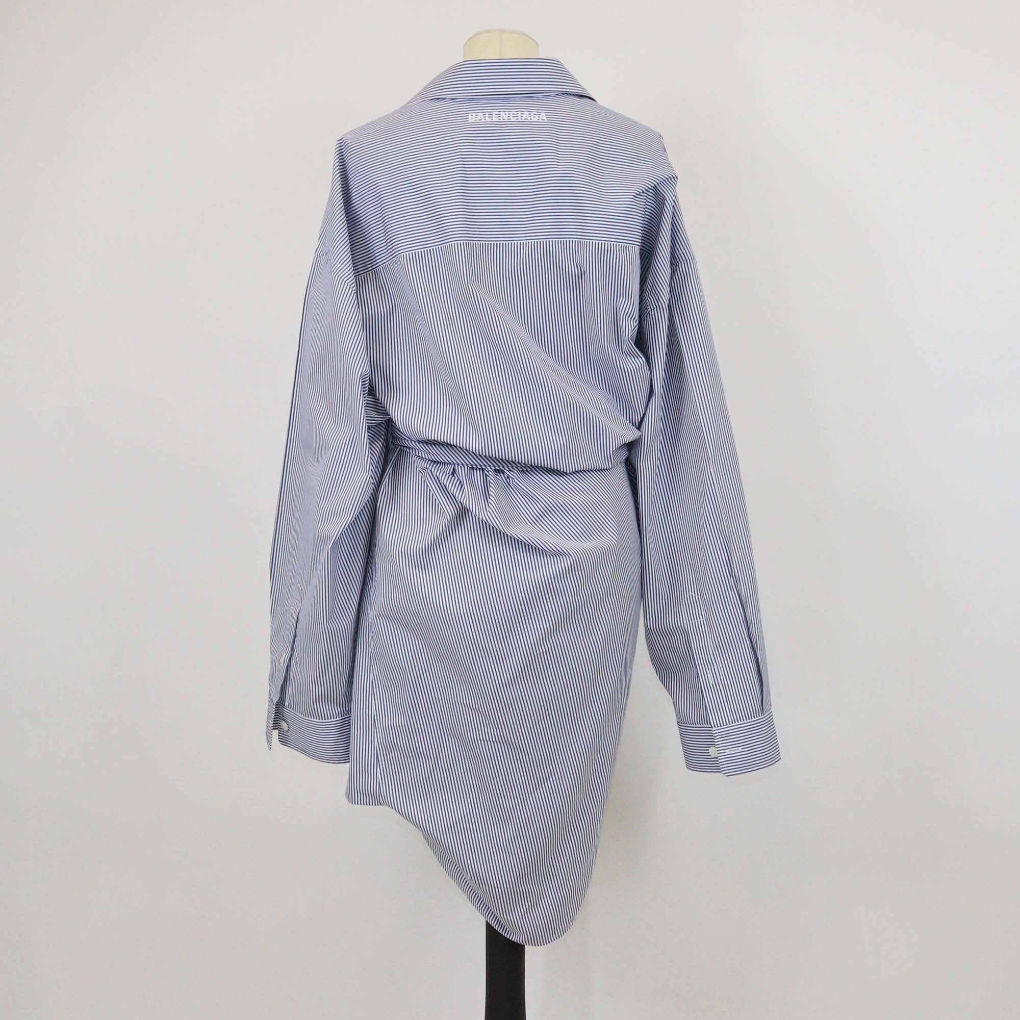 Balenciaga Blue/White Cotton Poplin Long Sleeve Shirt Midi Dress