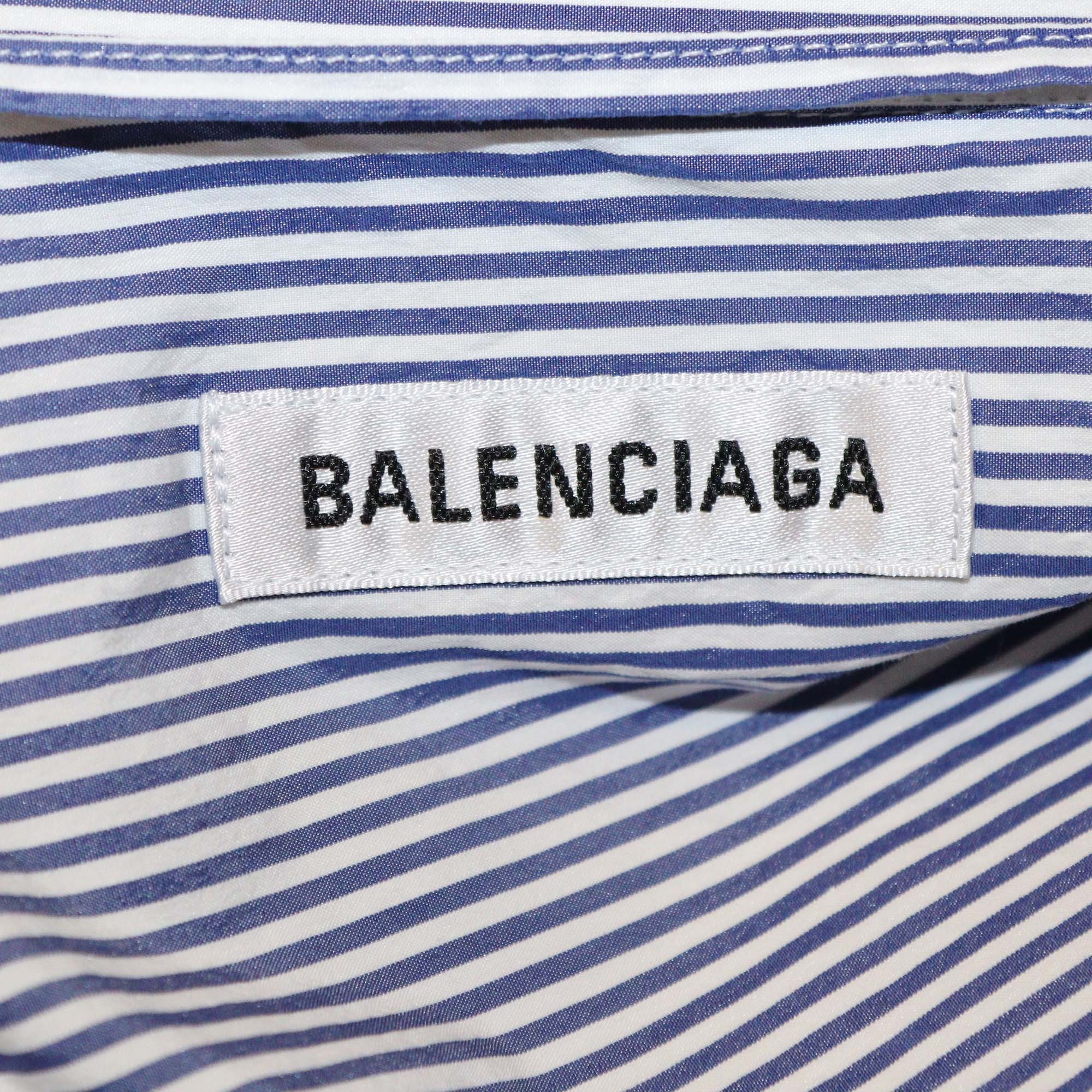 Balenciaga Blue/White Cotton Poplin Long Sleeve Shirt Midi Dress