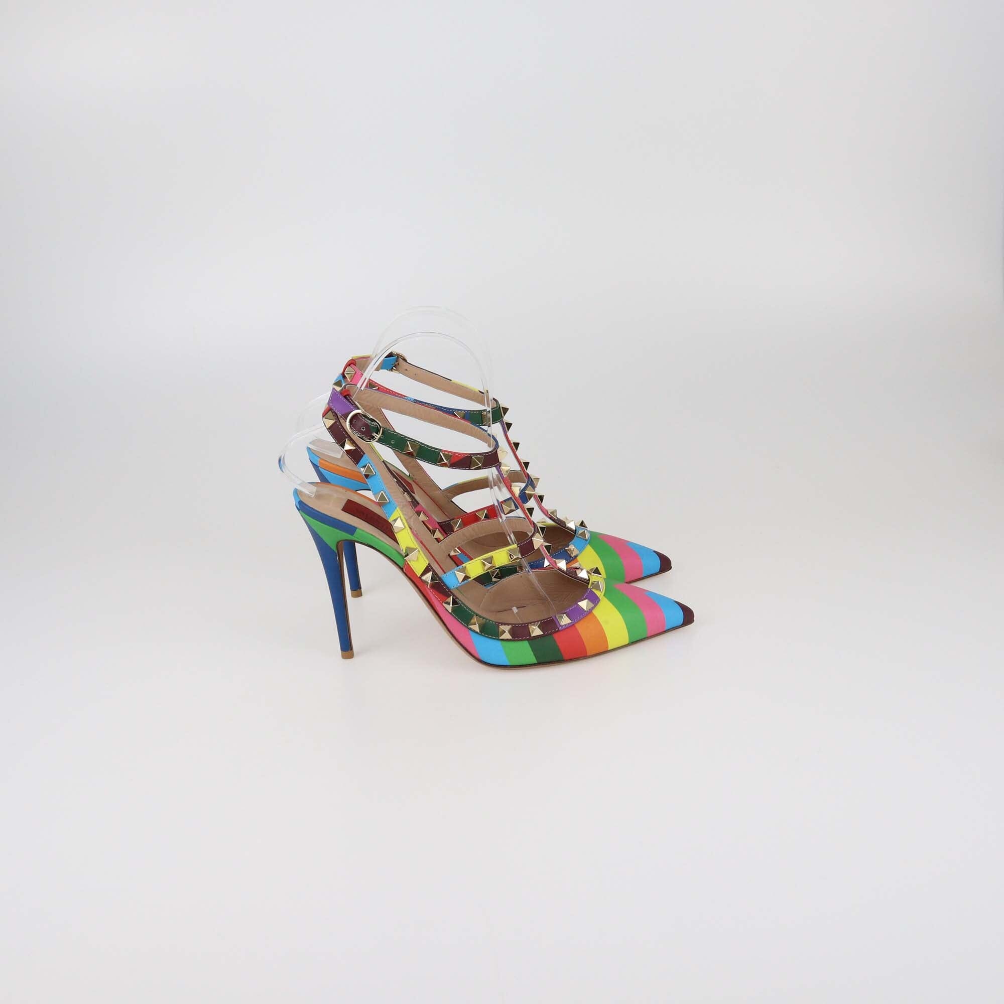 Valentino Multicolor Striped Rockstud Ankle Strap Pumps Womens Valentino