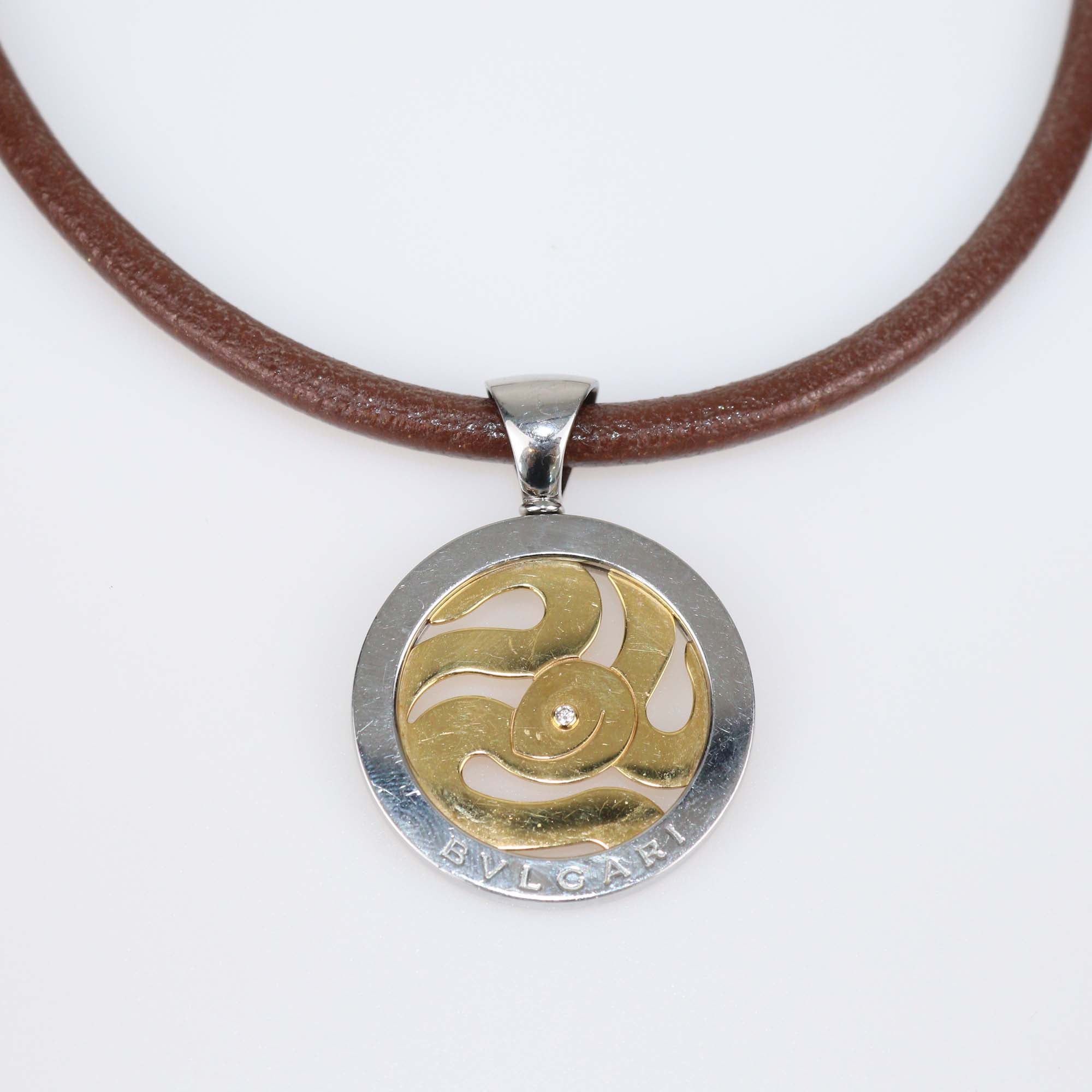 Bvlgari Tondo Snake Diamond 18k Yellow Gold Steel Leather Cord Necklace