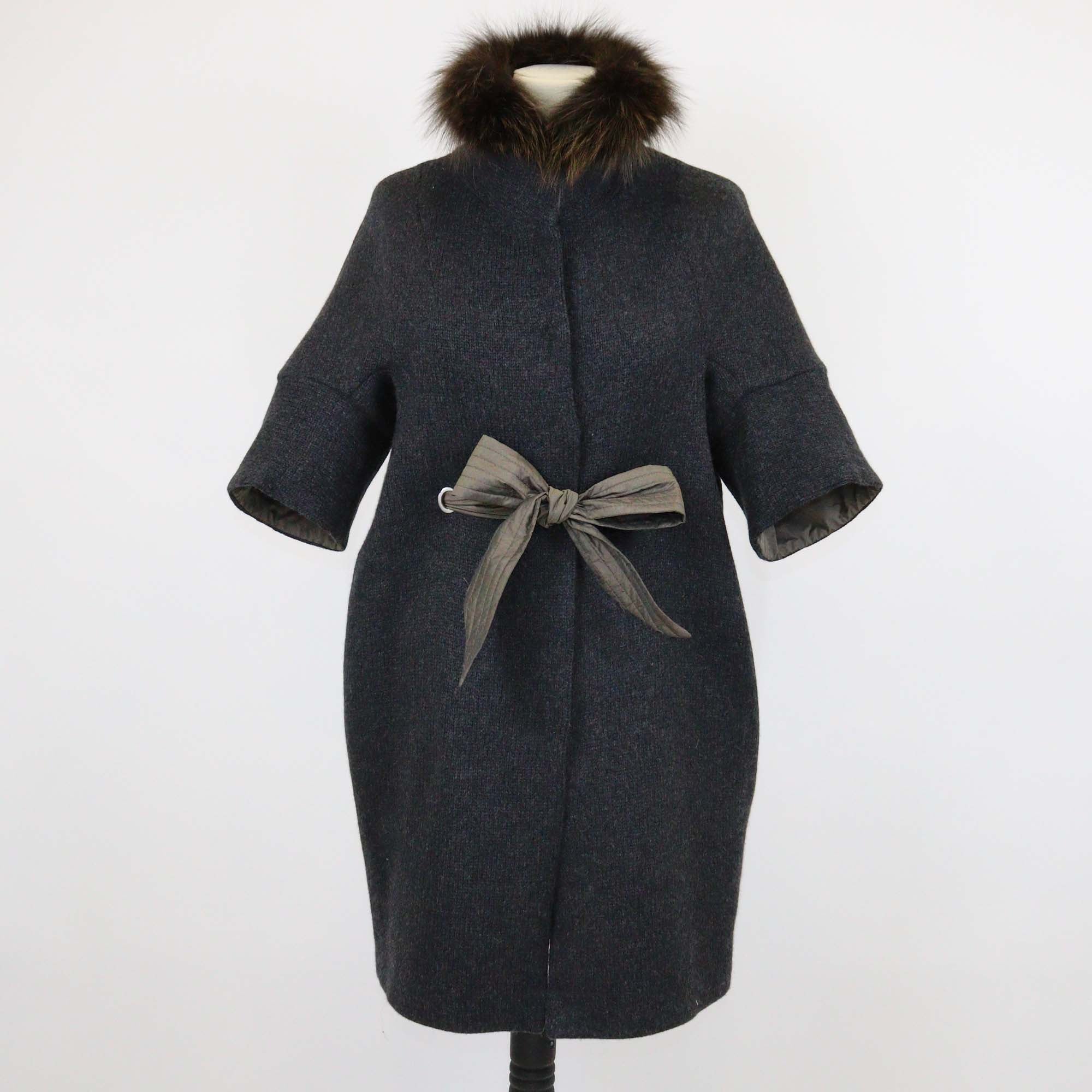 Brunello Cucinelli Dark Grey Cashmere w/ Detachable Fox Collar Belted Coat