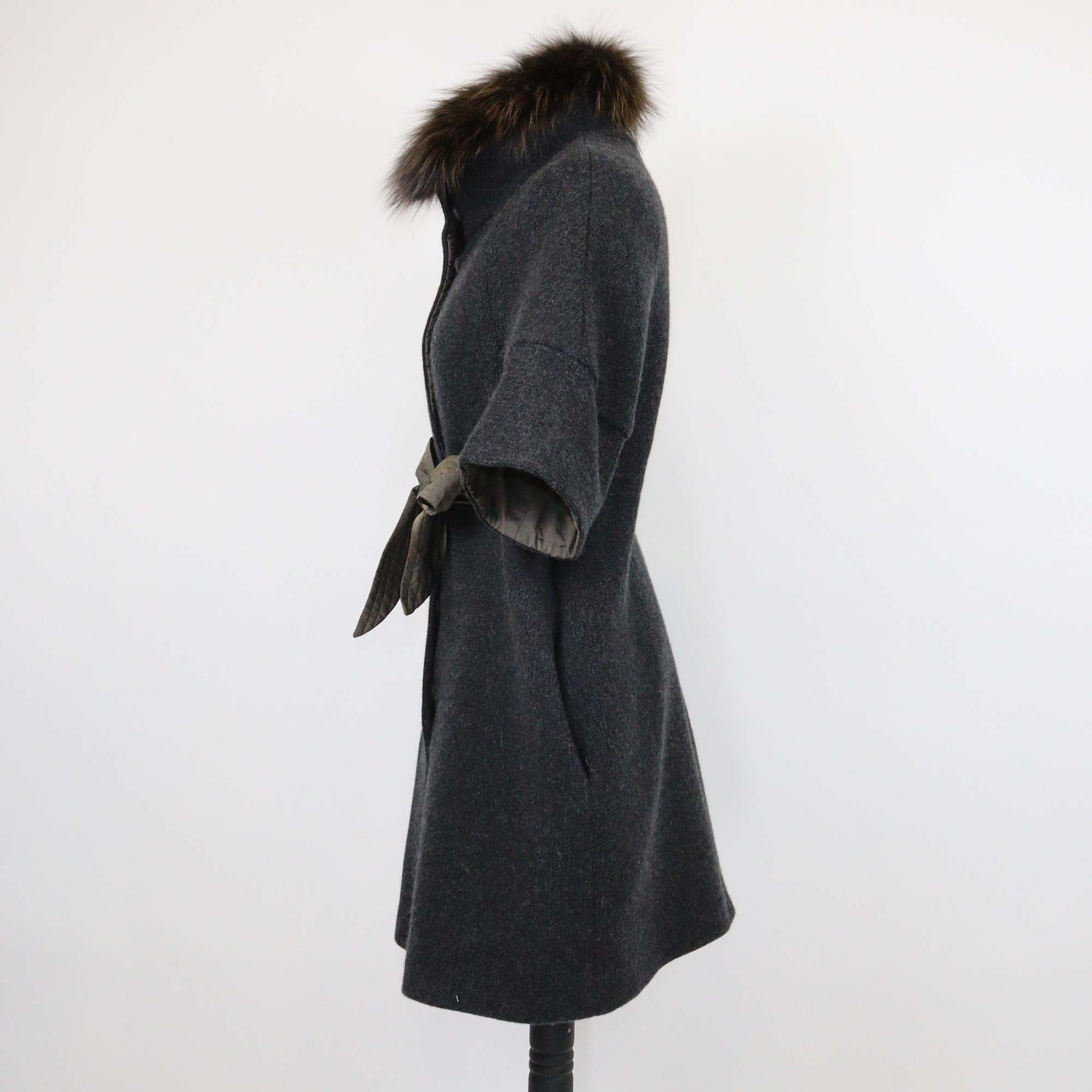 Brunello Cucinelli Dark Grey Cashmere w/ Detachable Fox Collar Belted Coat