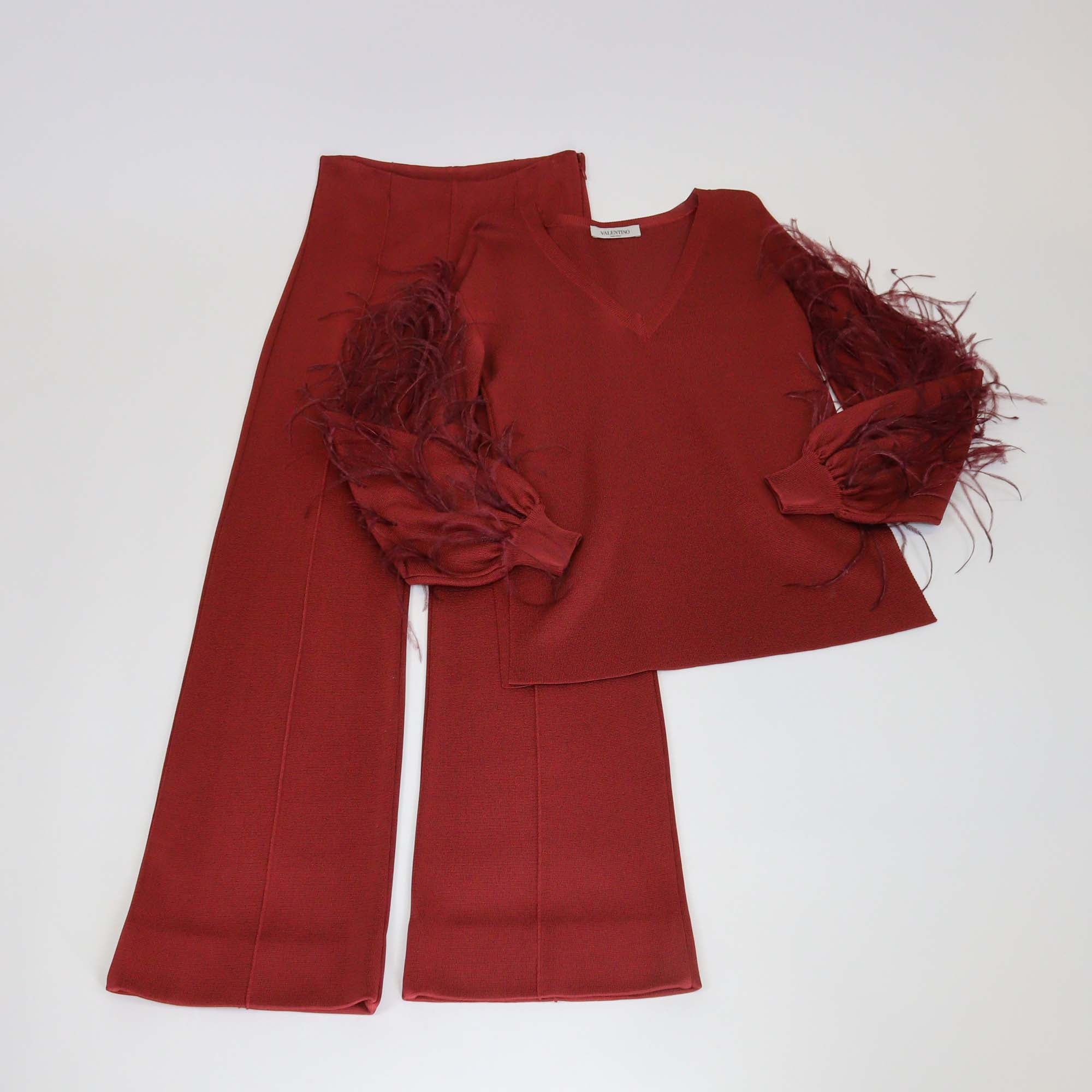 Valentino Red Viscose Feather Trim Knit V Neck Top & Wide Leg Pants Set