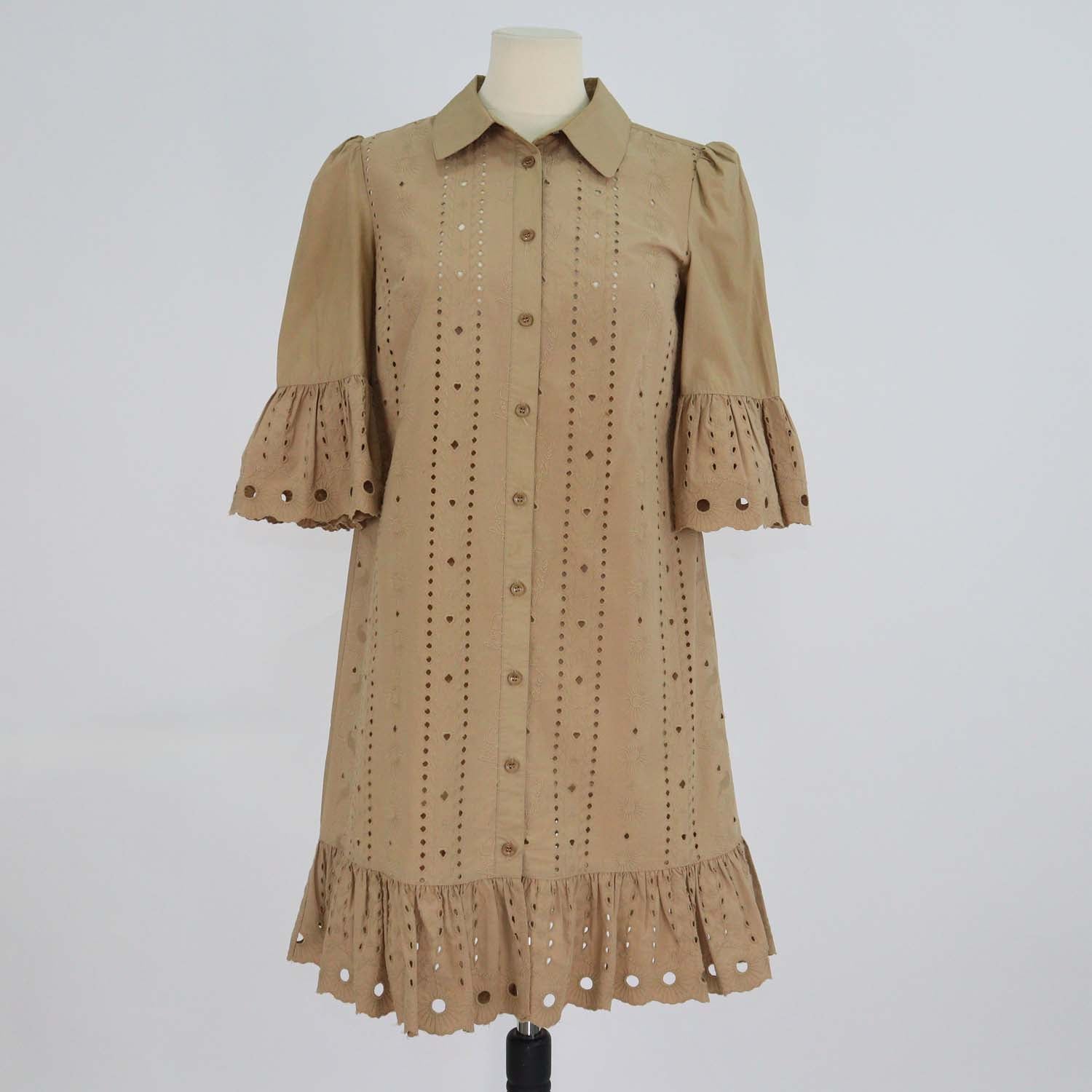 See By Chloe Brown Cotton Eyelet Embroidered Shirt Dress
