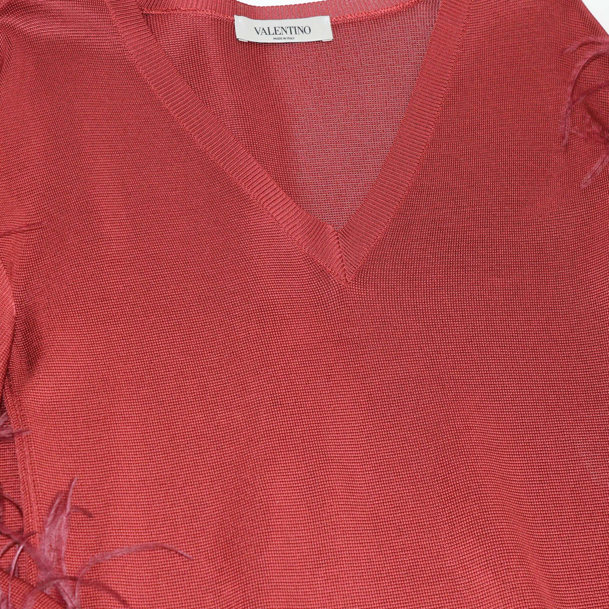 Valentino Red Viscose Feather Trim Knit V Neck Top & Wide Leg Pants Set