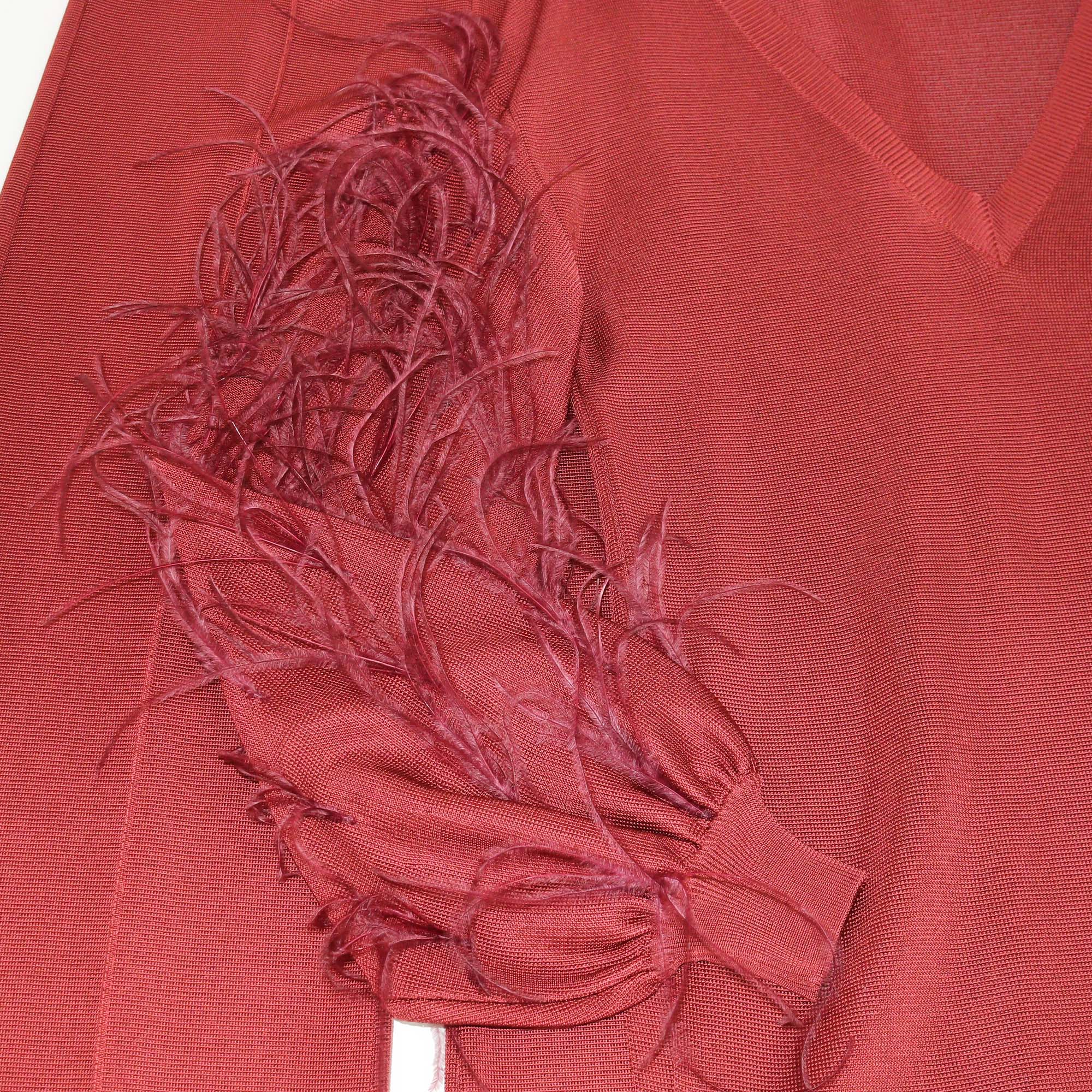 Valentino Red Viscose Feather Trim Knit V Neck Top & Wide Leg Pants Set