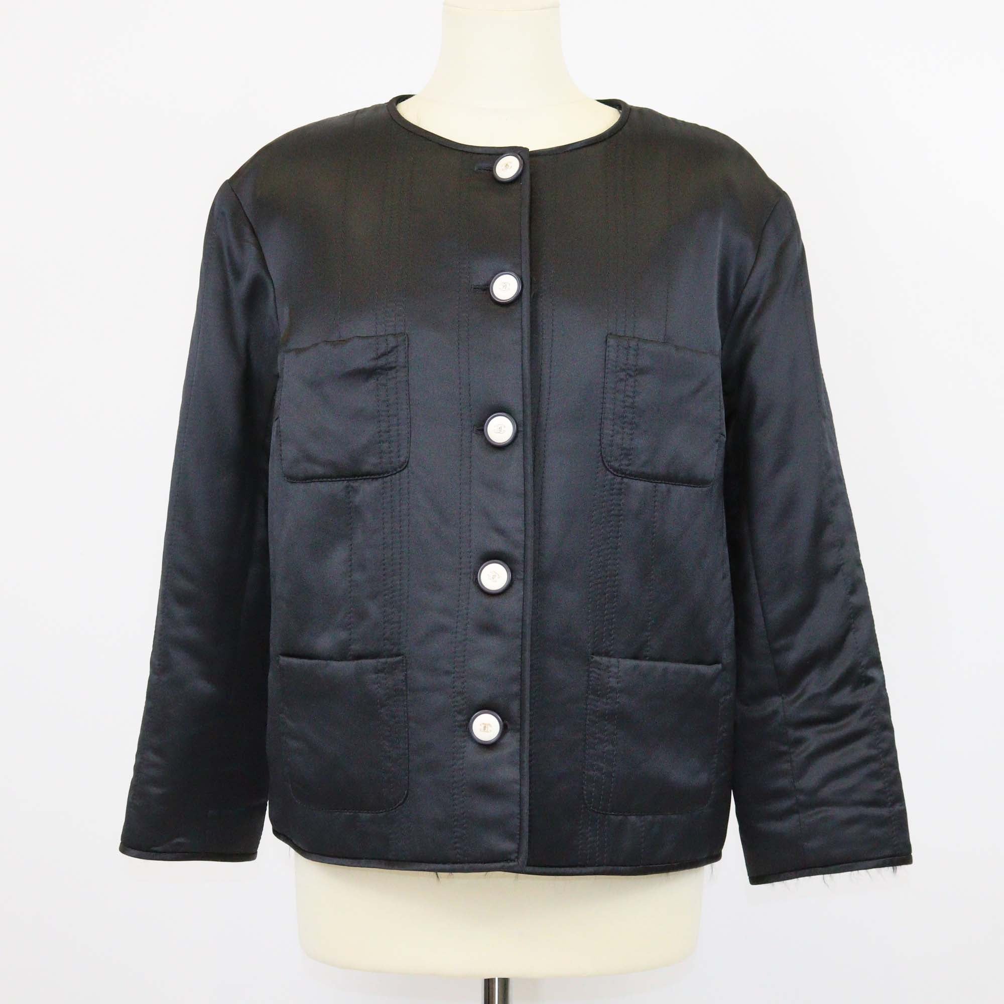 Chanel Black Silk Satin Collarless Faux Fur Trimmed Long Sleeve Jacket