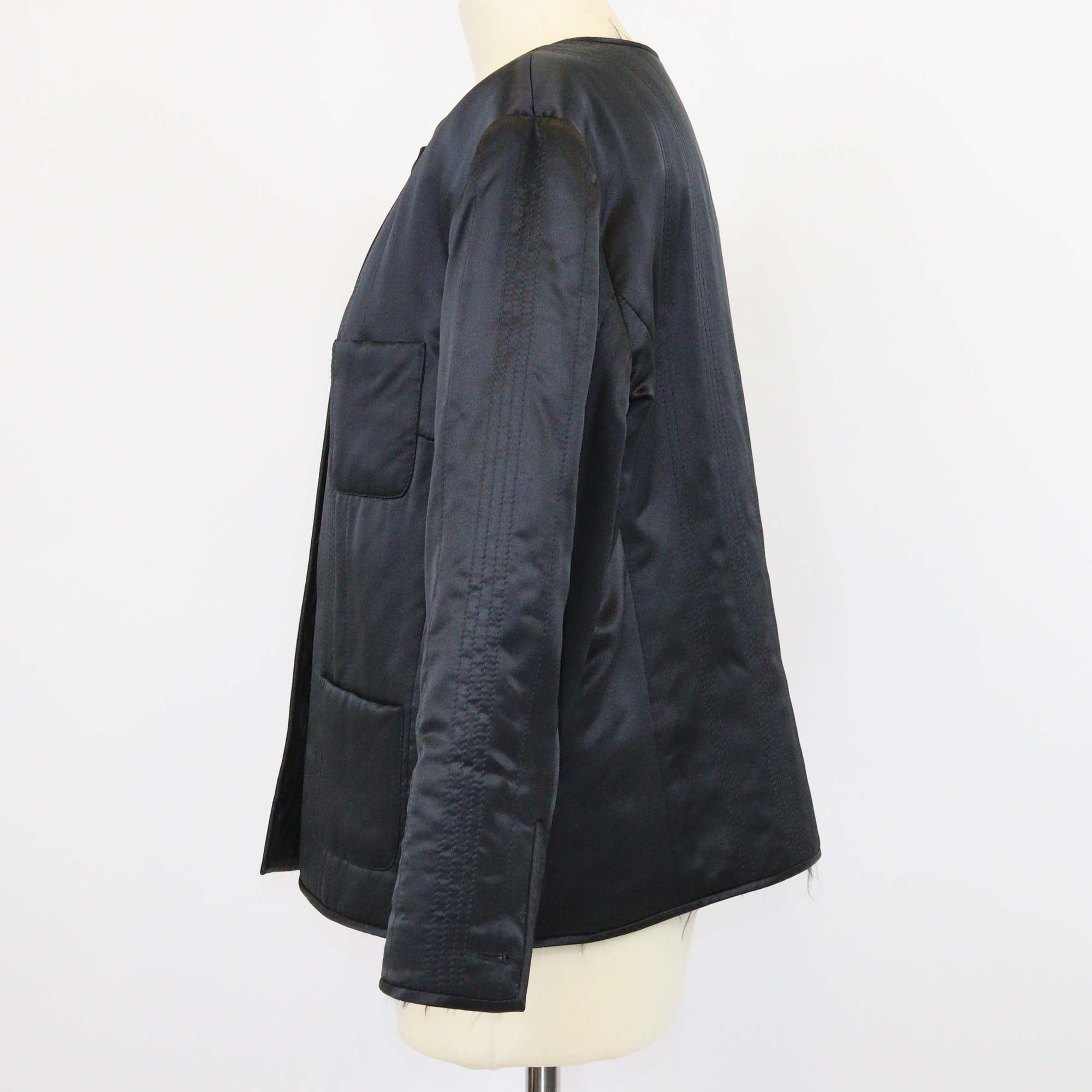 Chanel Black Silk Satin Collarless Faux Fur Trimmed Long Sleeve Jacket