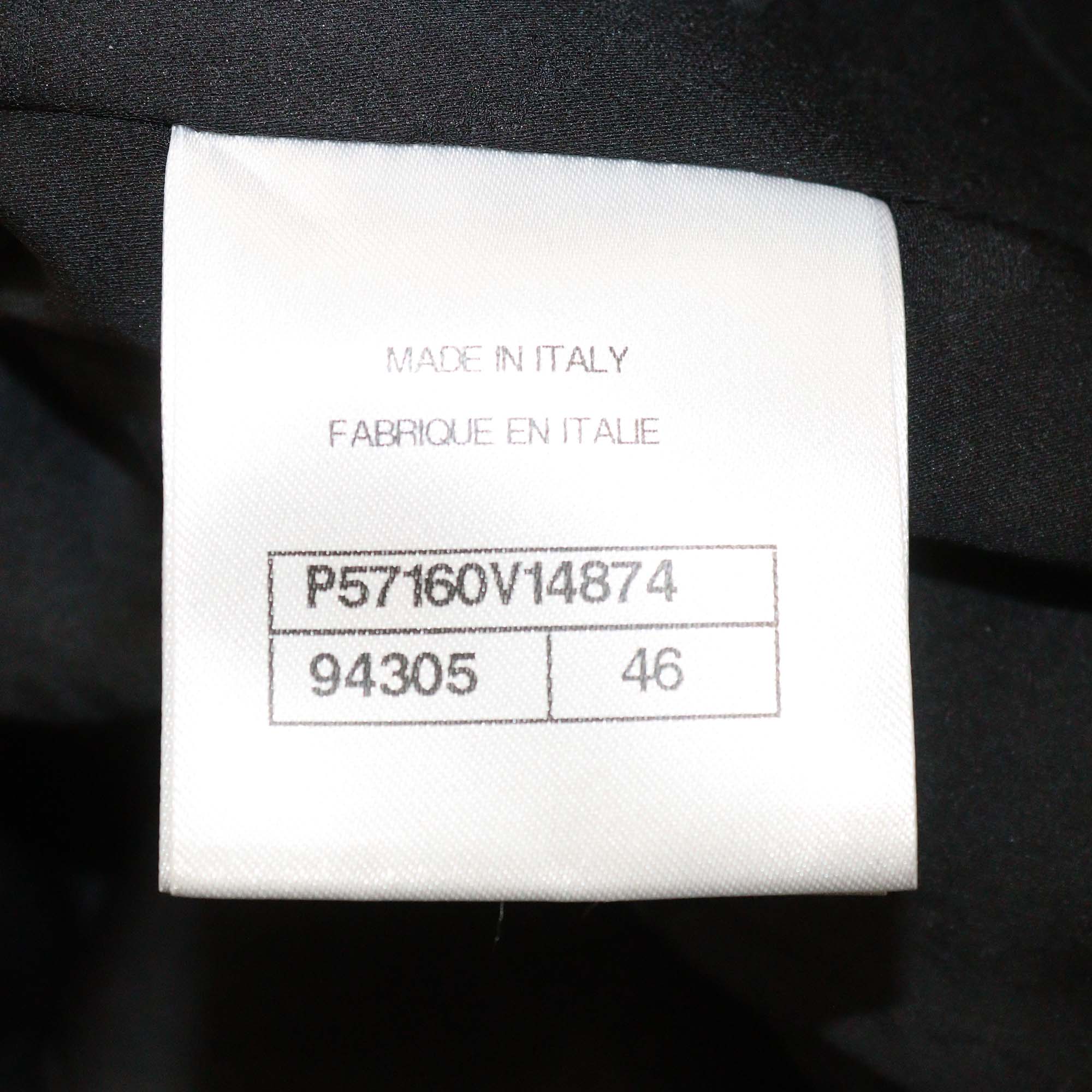 Chanel Black Silk Satin Collarless Faux Fur Trimmed Long Sleeve Jacket