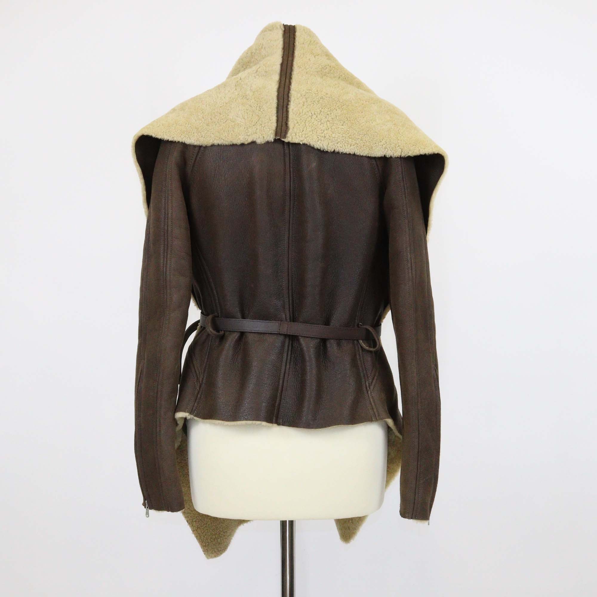 Kaufmanfranco Dark Brown Leather Shearling Zip Sleeves Belted Jacket