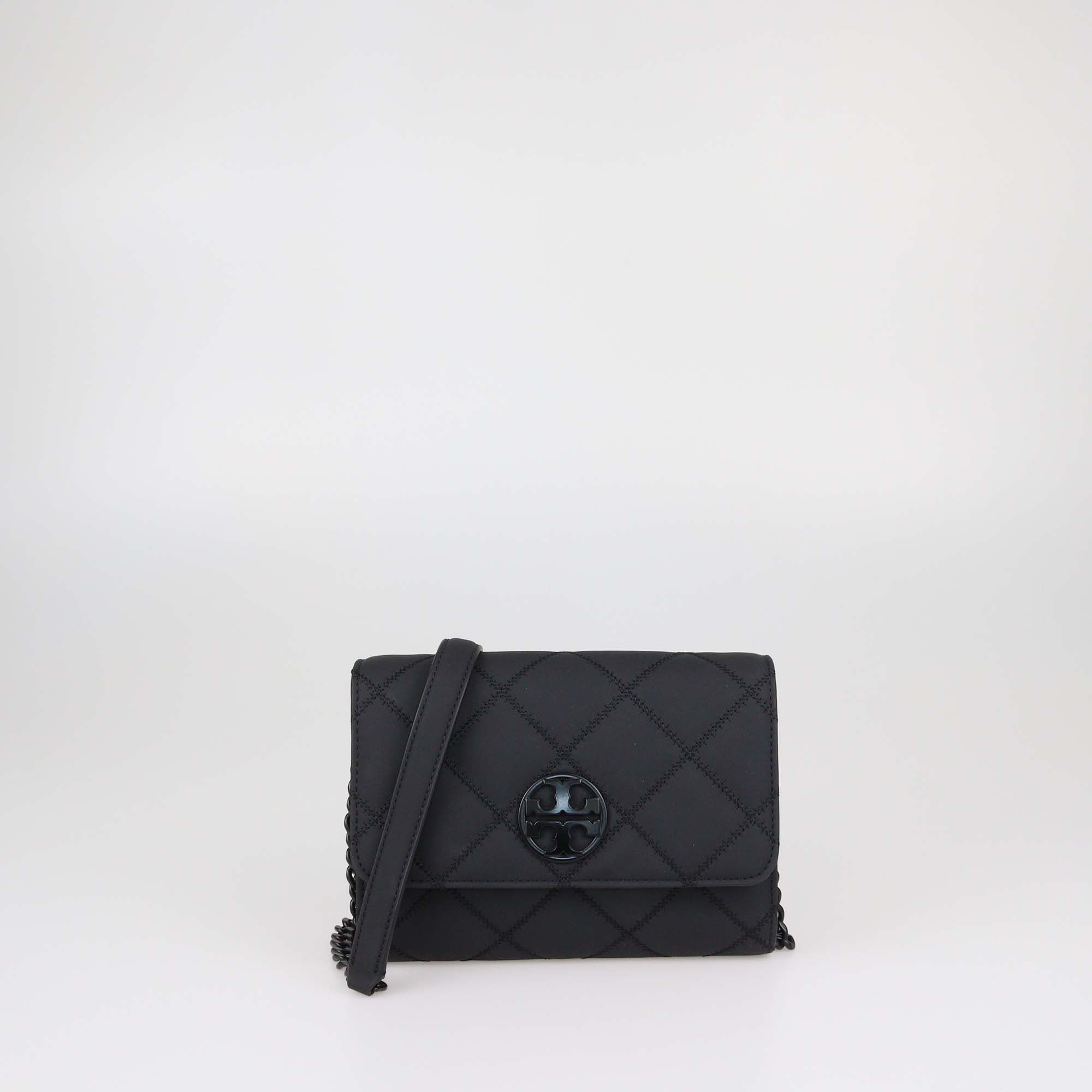 Tory Burch Matte Black Quilted Leather Willa Wallet on Chain