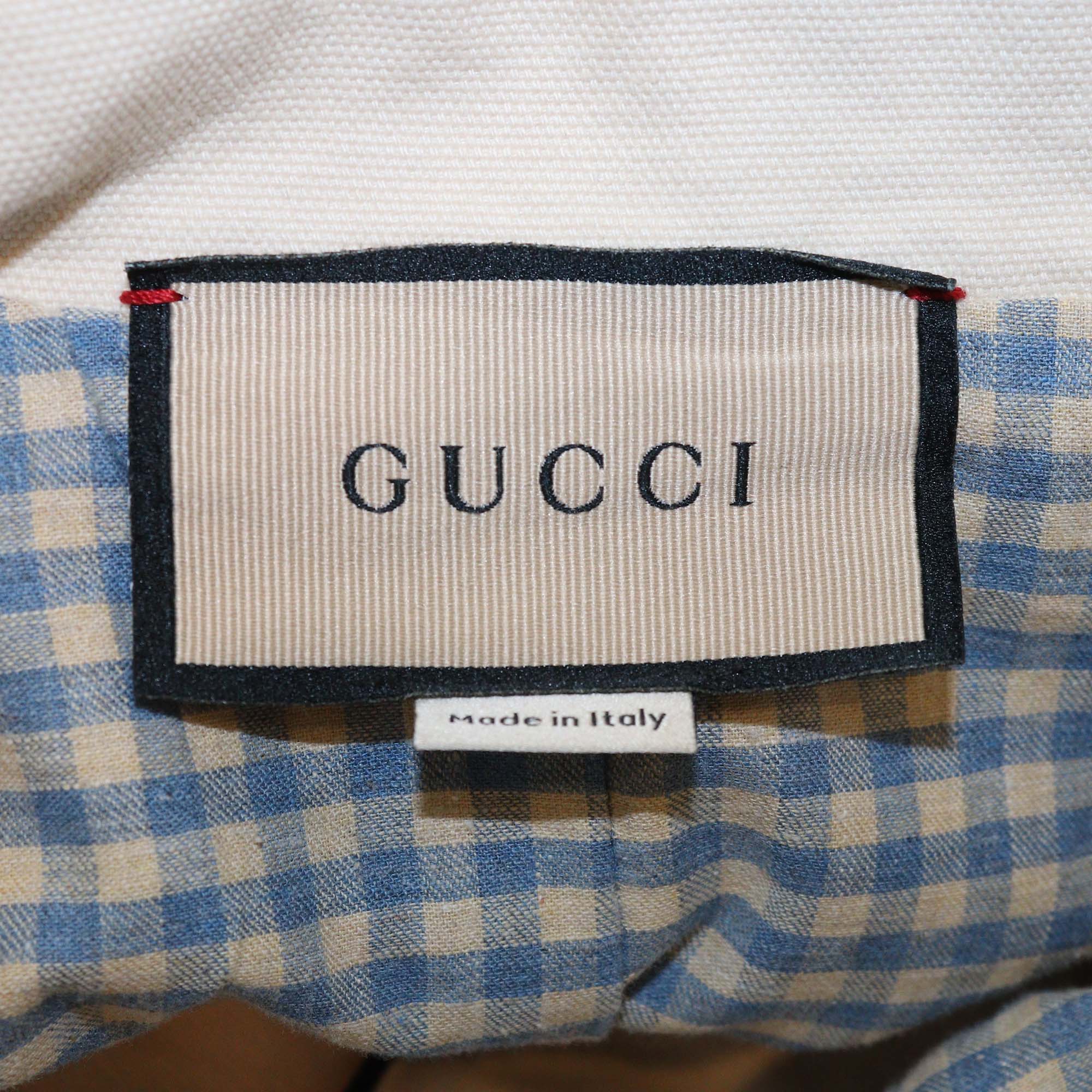 Gucci Ivory Canvas Animal Patch Crop Short Sleeve Jacket & Wide Leg Crop Pants Set