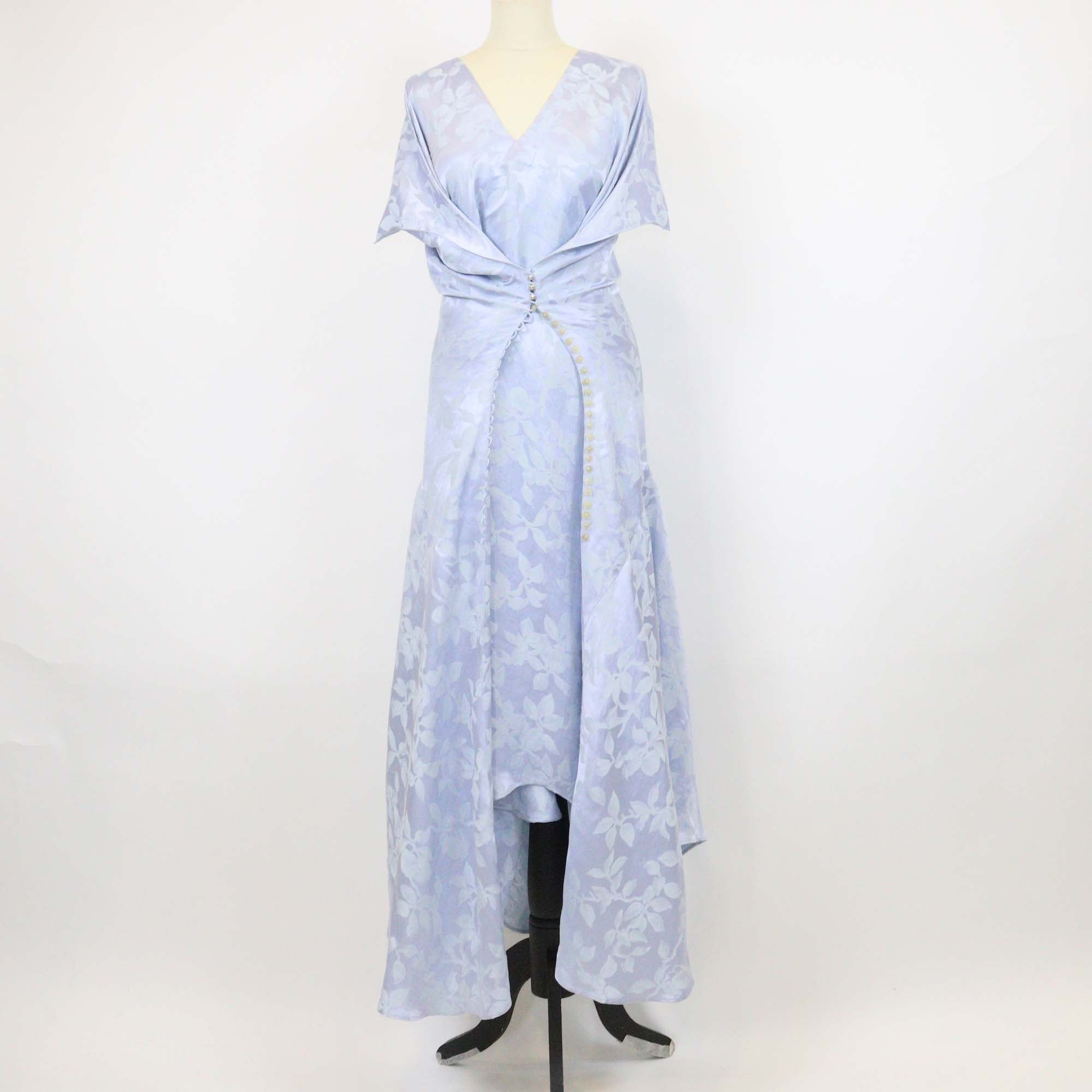 Loewe Light Blue Linen Silk Blend Floral Asymmetric Midi Dress