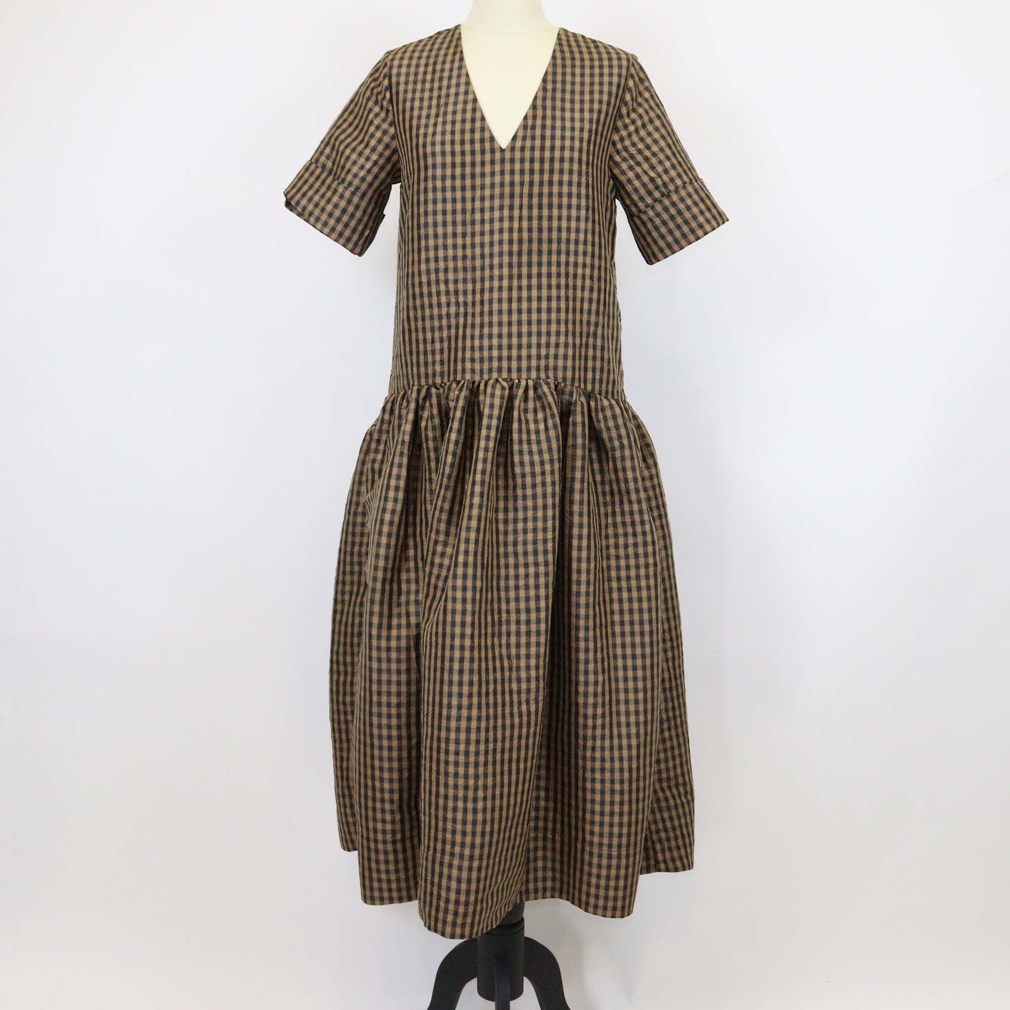 Ganni Brown Polyester Crinkled Check Long Dress