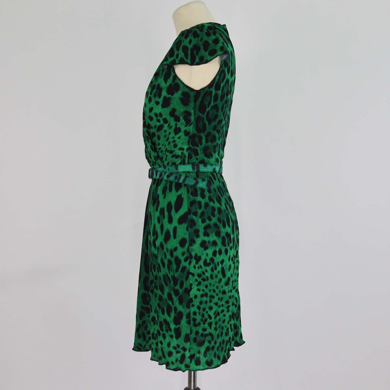 Dolce & Gabbana Green/Black Viscose Leopard Print Ruffled Mini Dress