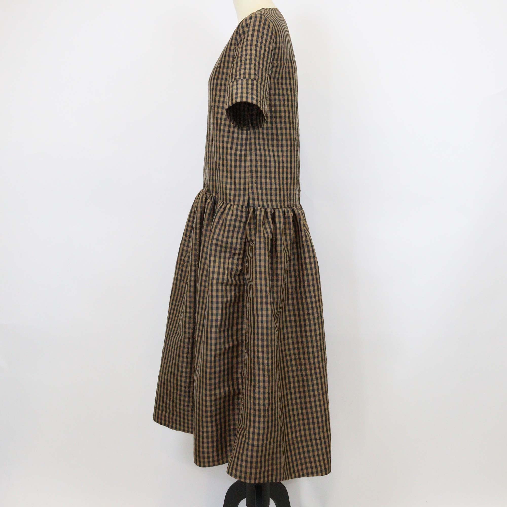 Ganni Brown Polyester Crinkled Check Long Dress