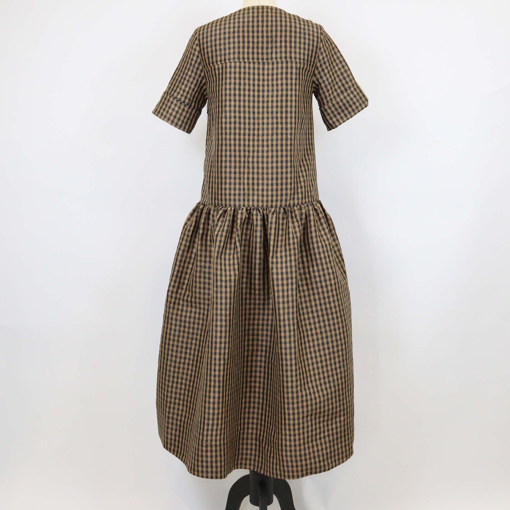 Ganni Brown Polyester Crinkled Check Long Dress