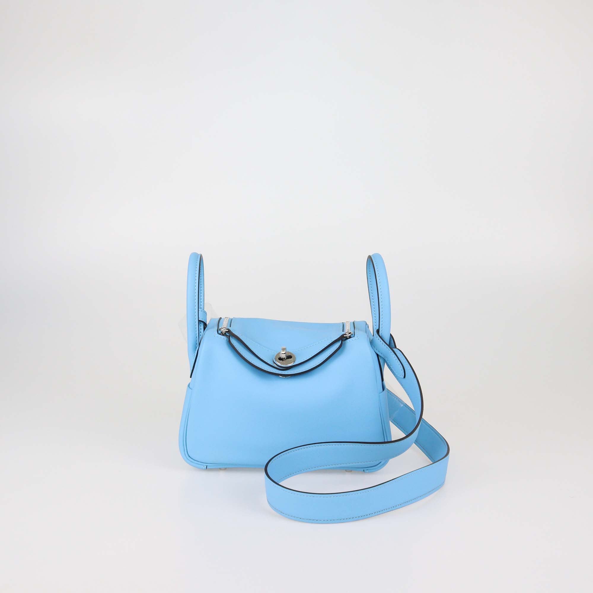 Hermes Bleu Celeste Swift Leather Mini Lindy II PHW Shoulder Bag