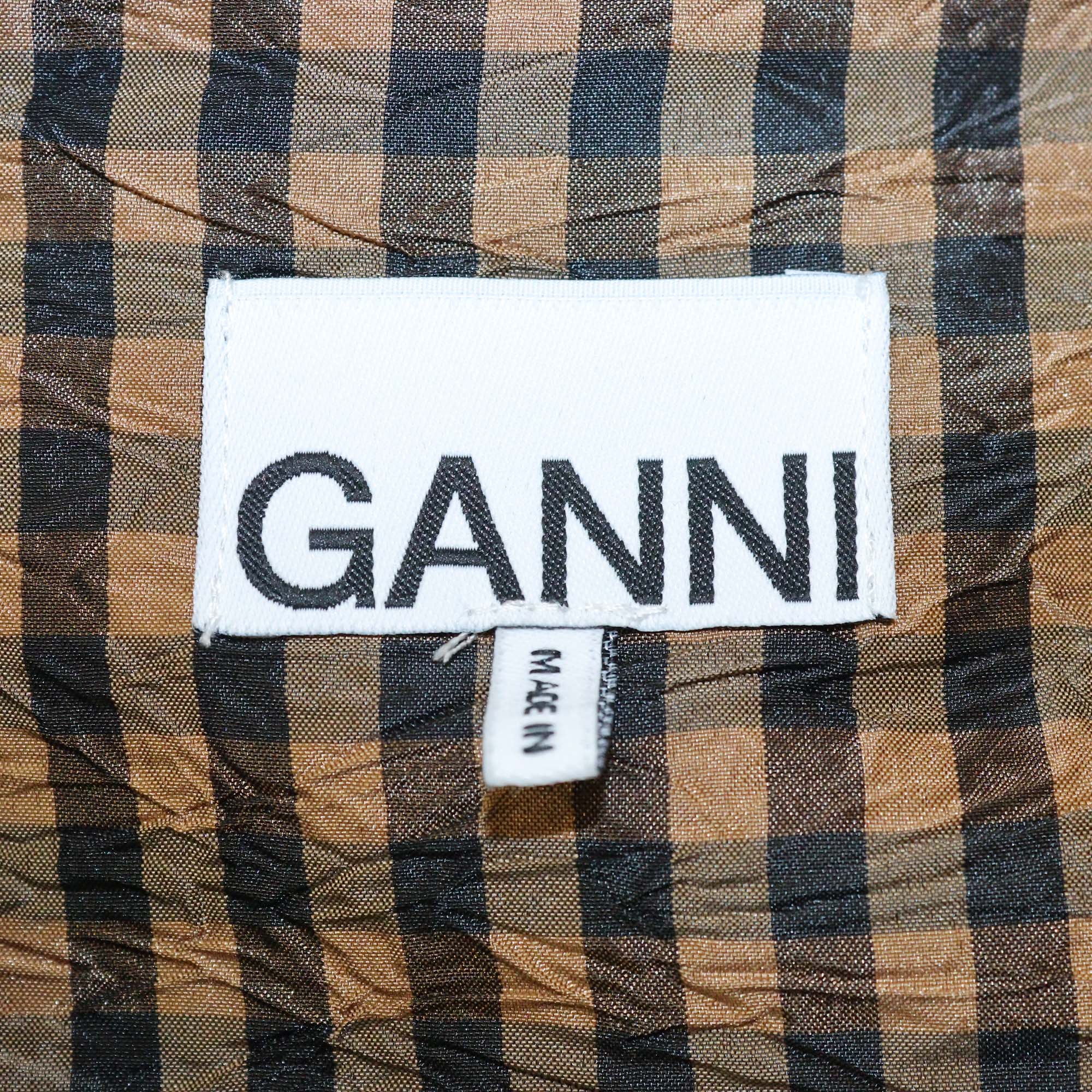 Ganni Brown Polyester Crinkled Check Long Dress