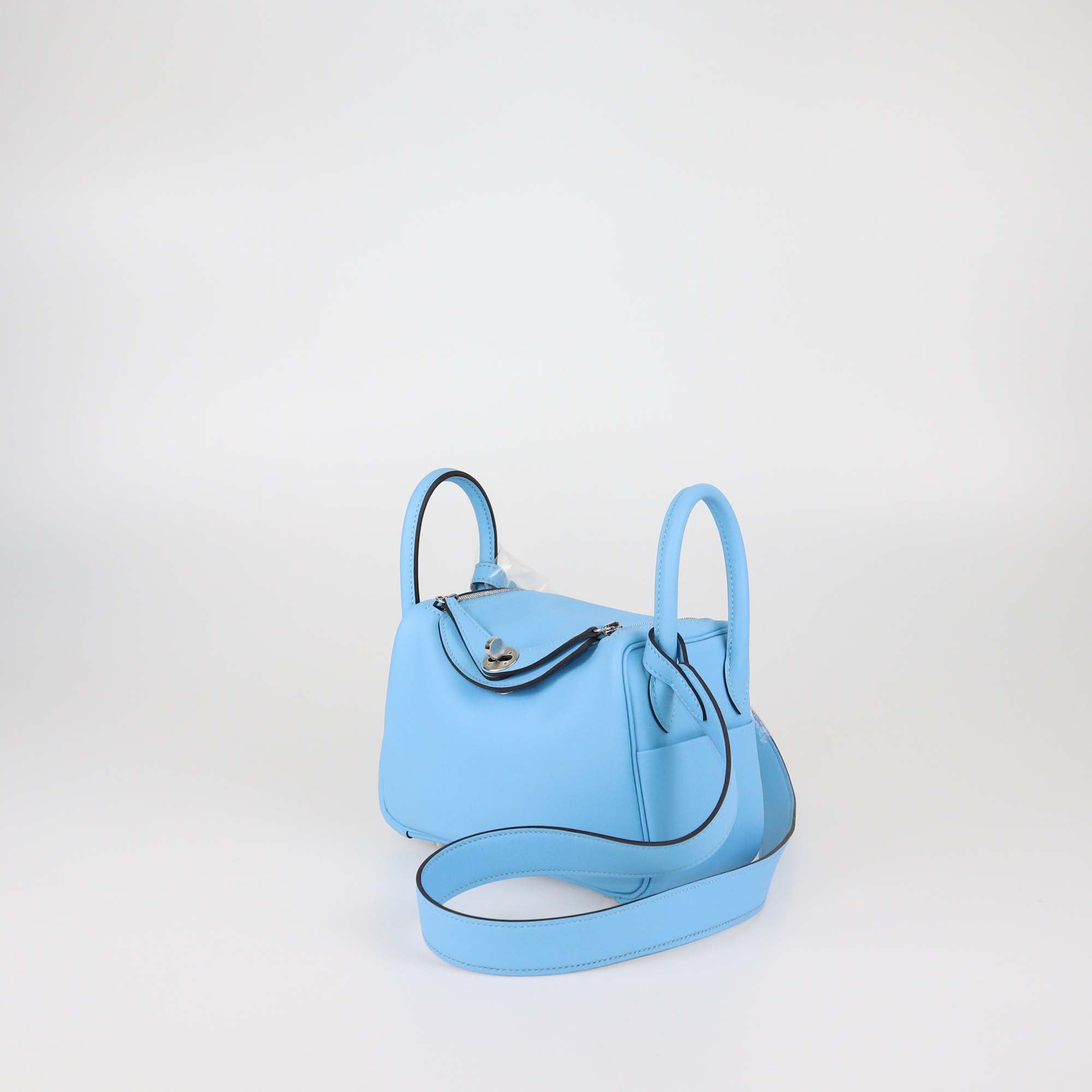 Hermes Bleu Celeste Swift Leather Mini Lindy II PHW Shoulder Bag