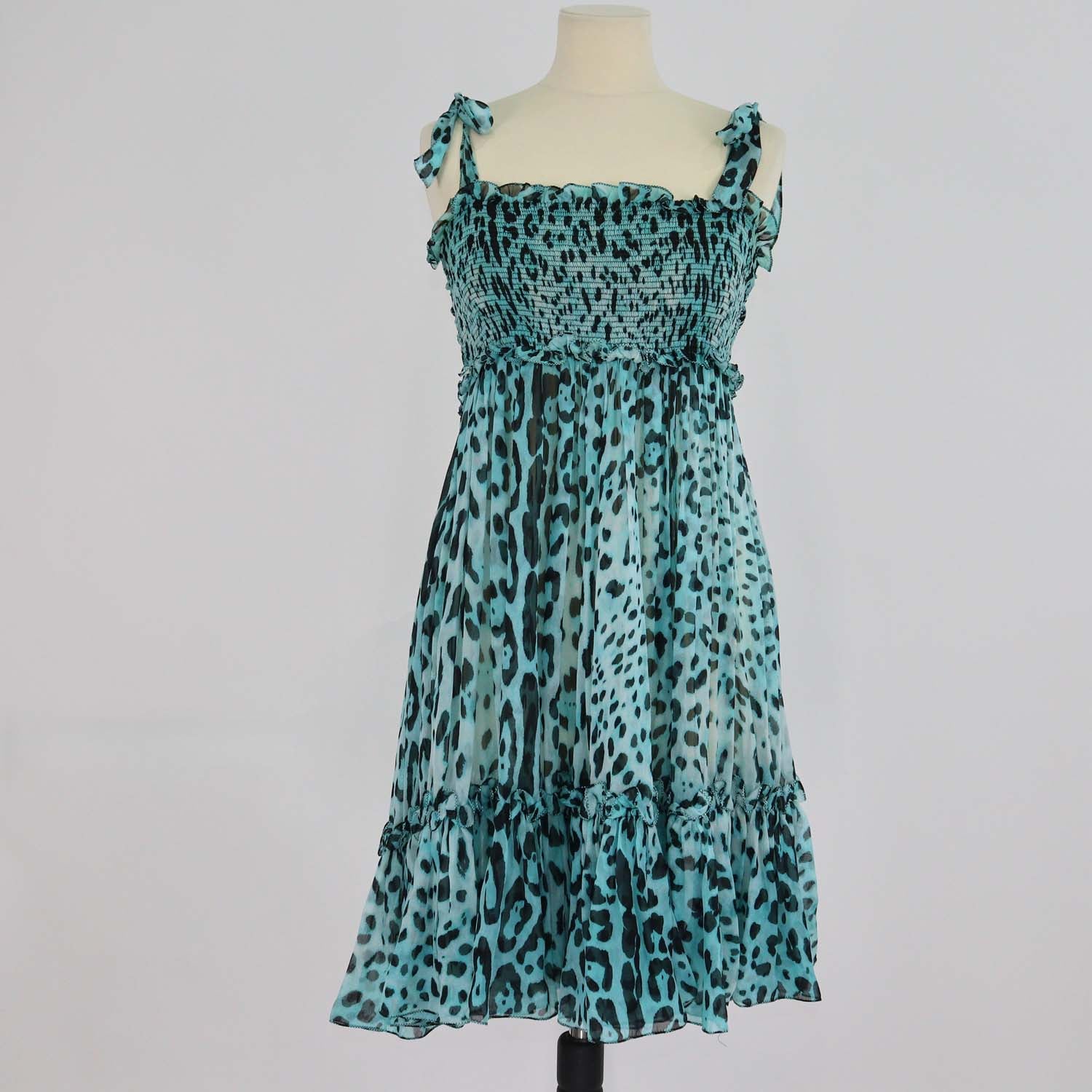 Dolce & Gabbana Blue/Black Silk Leopard Print Ruffled Mini Dress