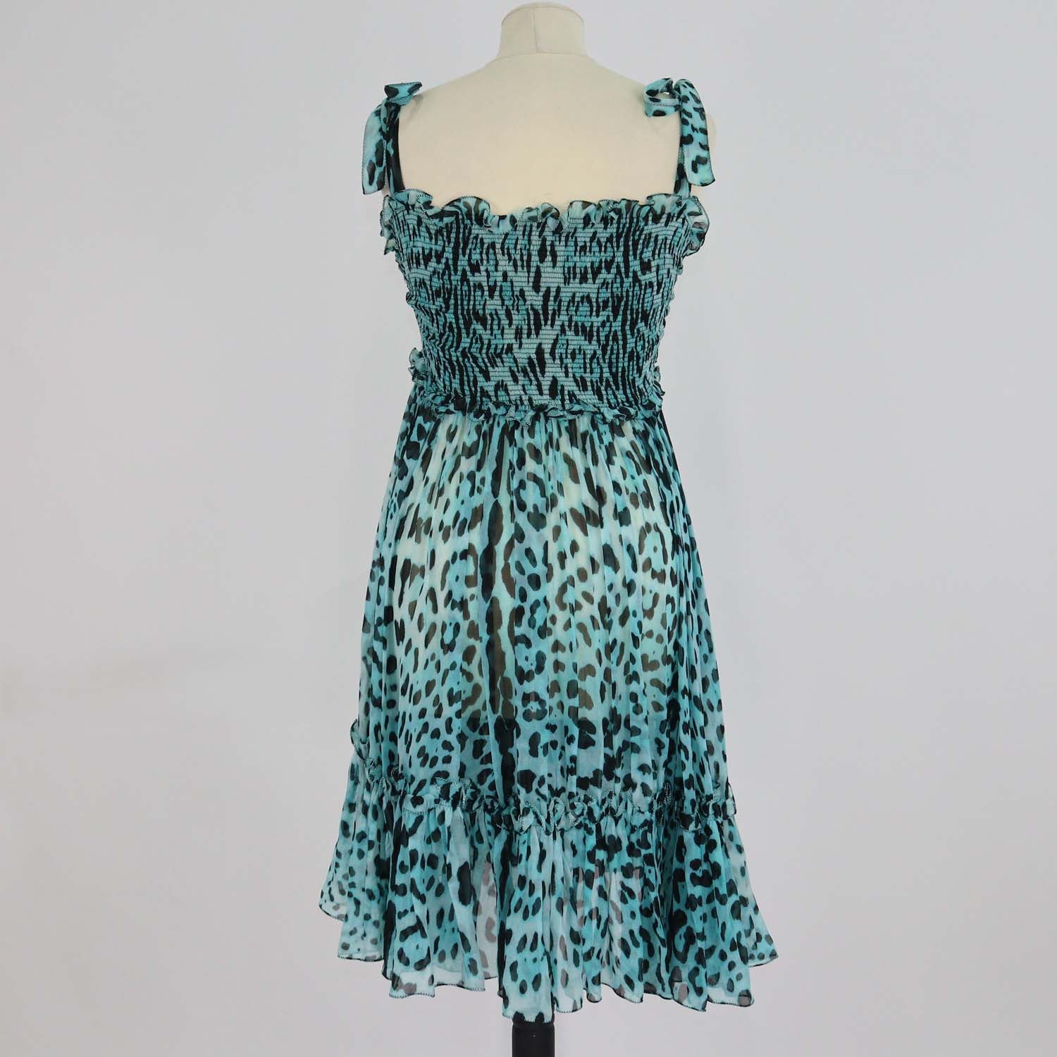 Dolce & Gabbana Blue/Black Silk Leopard Print Ruffled Mini Dress