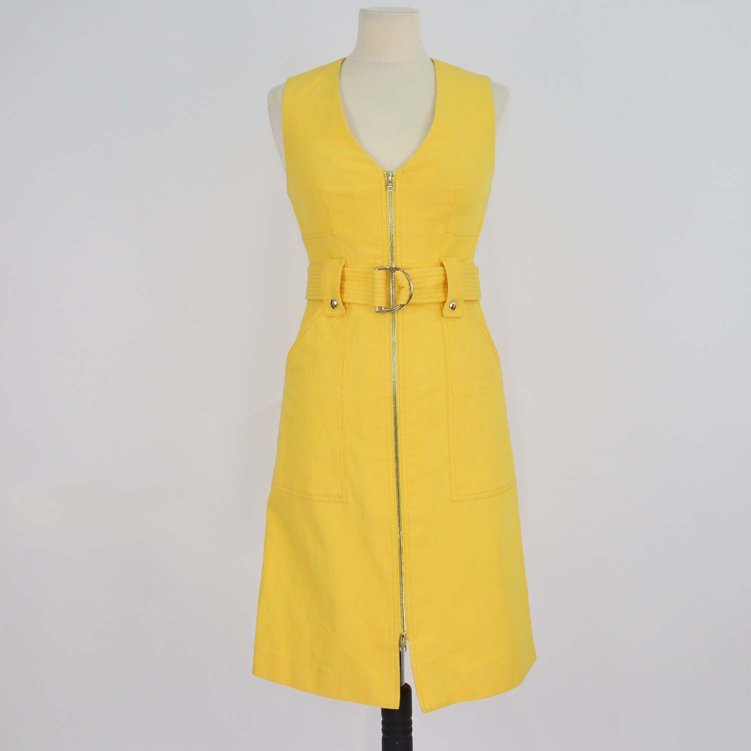 Diane Von Furstenberg Yellow Cotton Front Zip Belted Sleeveless Dress