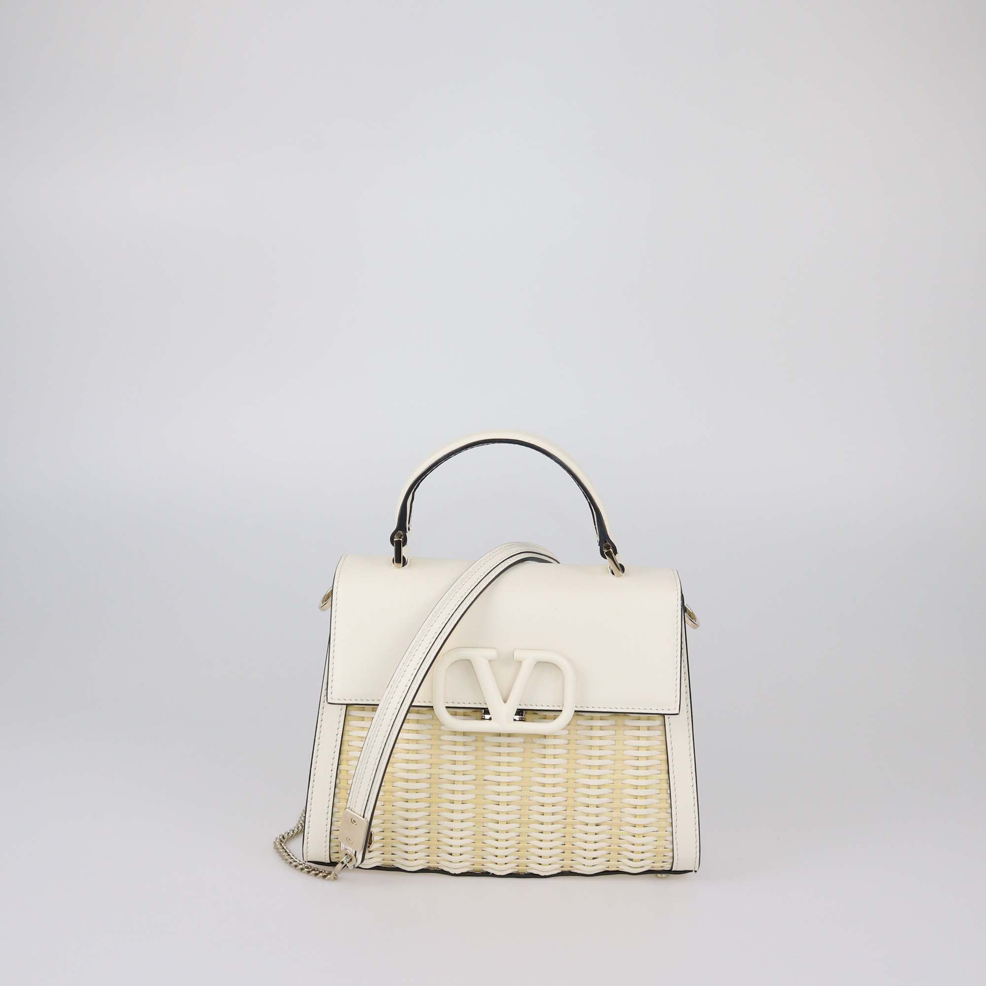 Valentino Valentino White Leather Raffia Woven V Sling Top Handle Bag