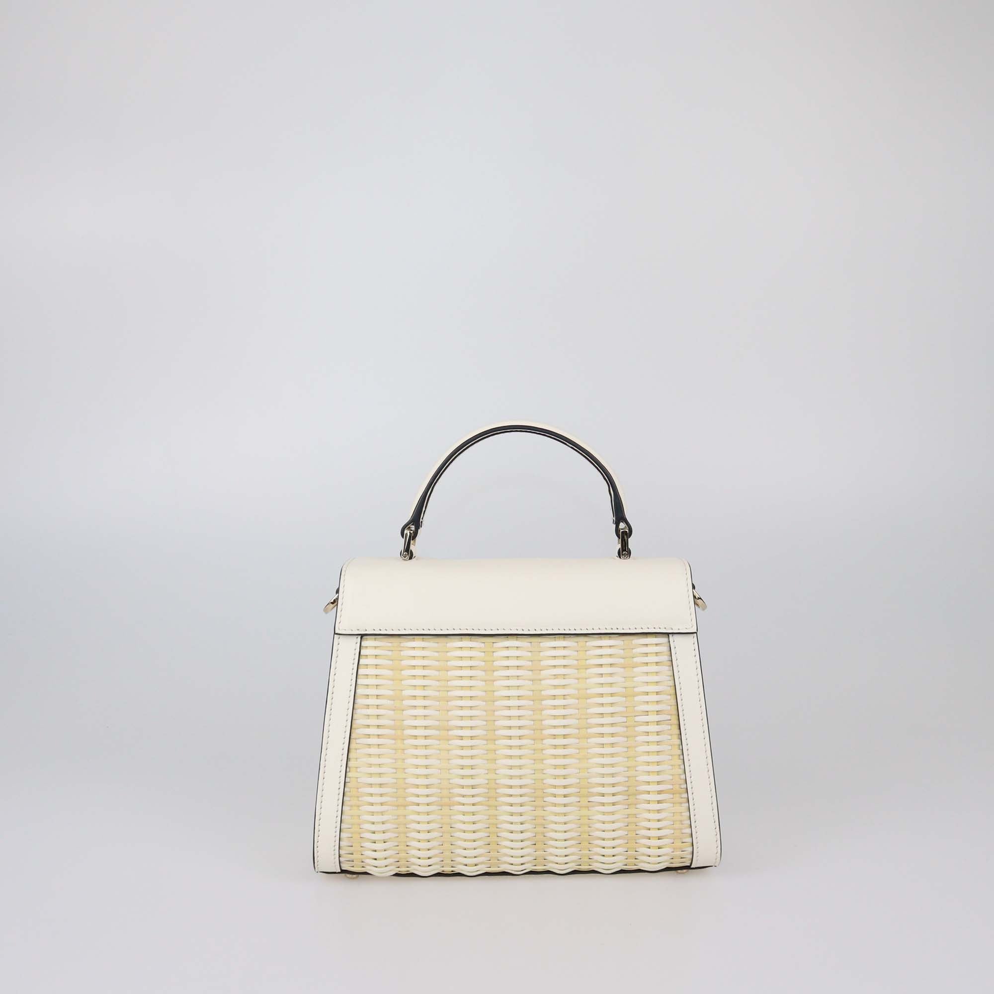 Valentino Valentino White Leather Raffia Woven V Sling Top Handle Bag