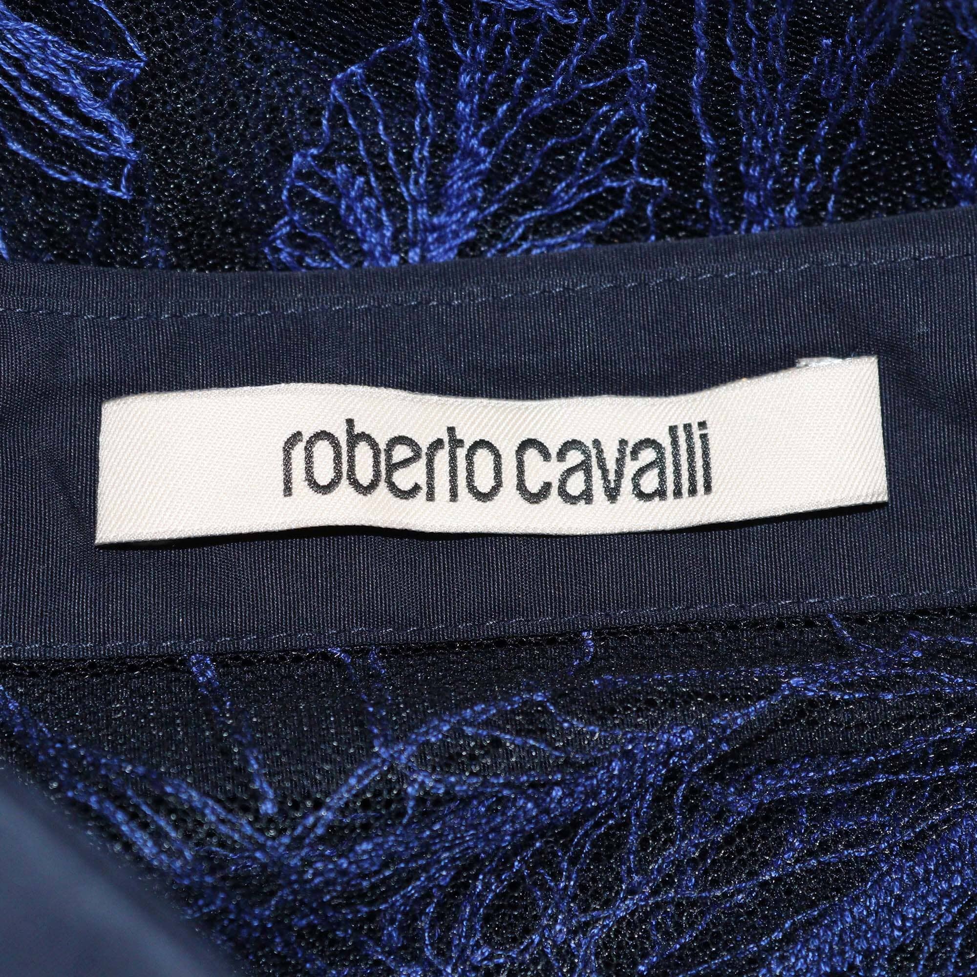 Roberto Cavalli Navy Blue Lace Pattern Long Sleeve Button-Up Top Womens Roberto Cavalli