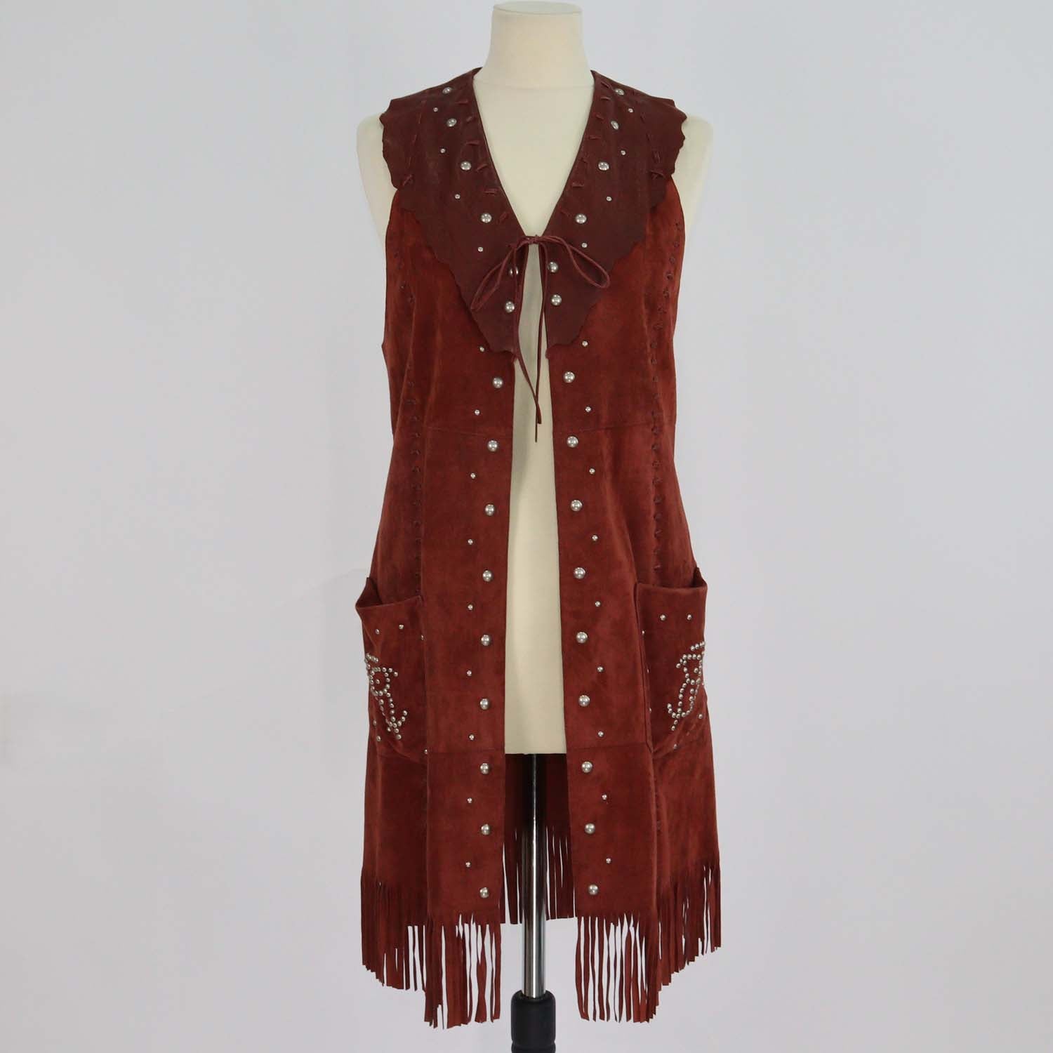 Roberto Cavalli Brown Suede and Leather Fringed Studded Long Vest