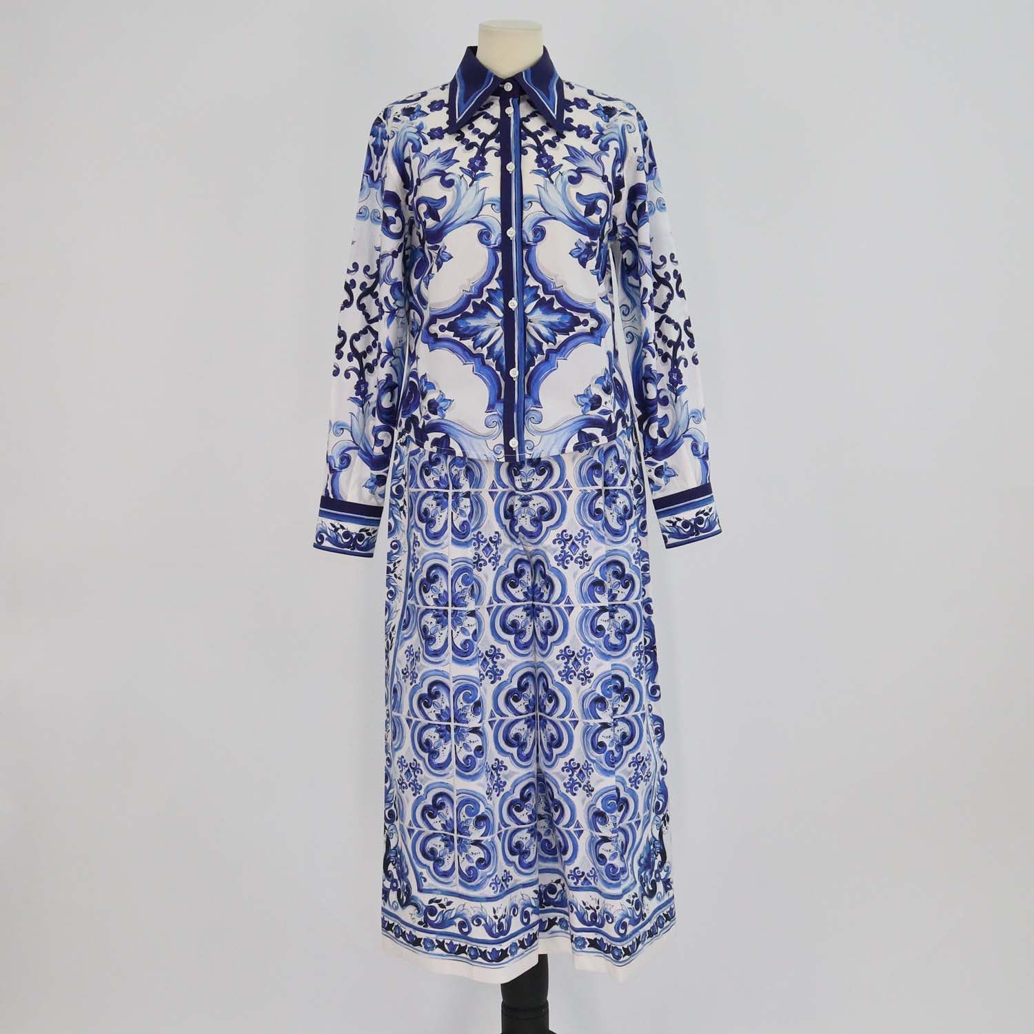 Dolce & Gabbana Multicolor Majolica Print Cotton Shirt and Crop Wide Leg Pants Set