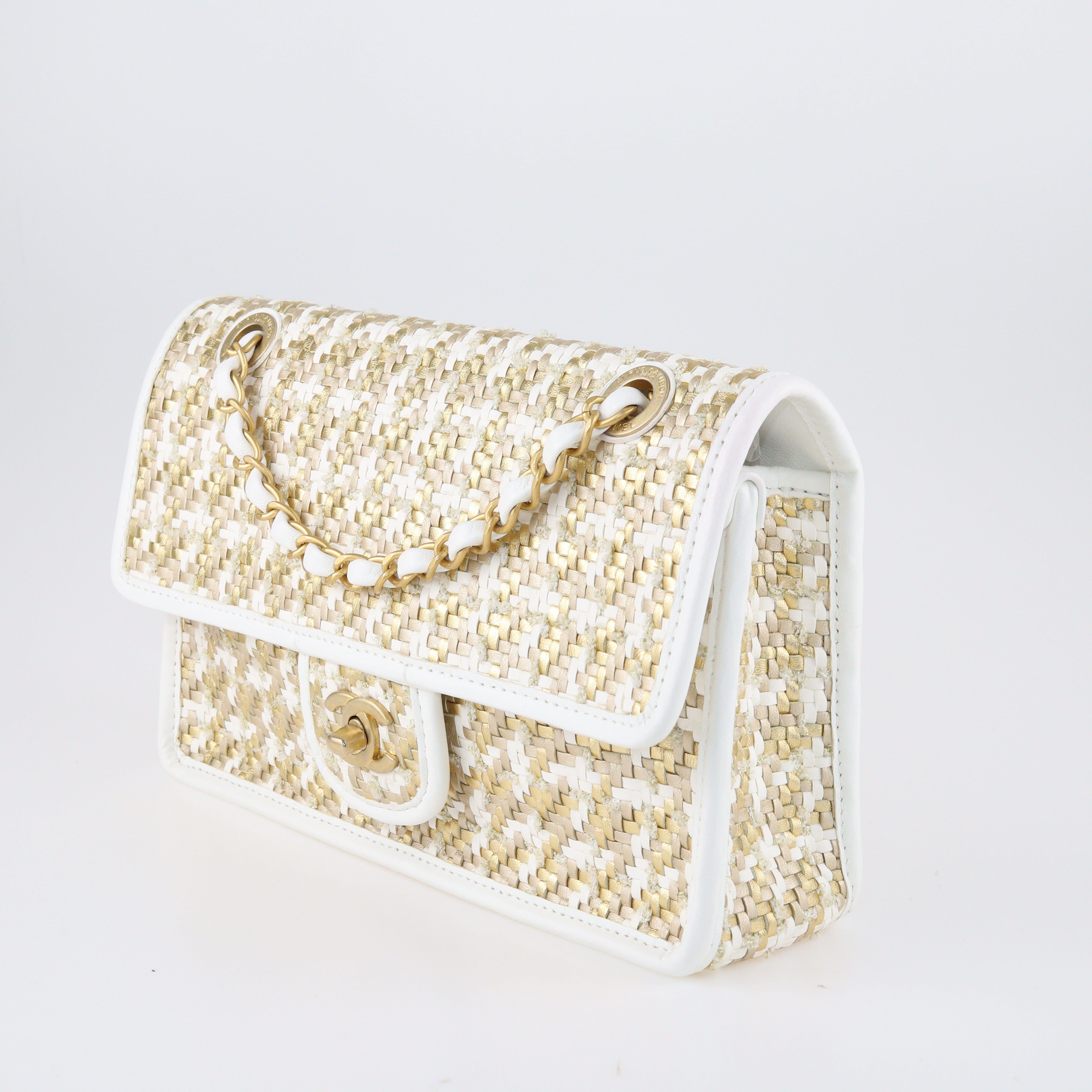 Gold/White Woven Flap Bag Bags Chanel 