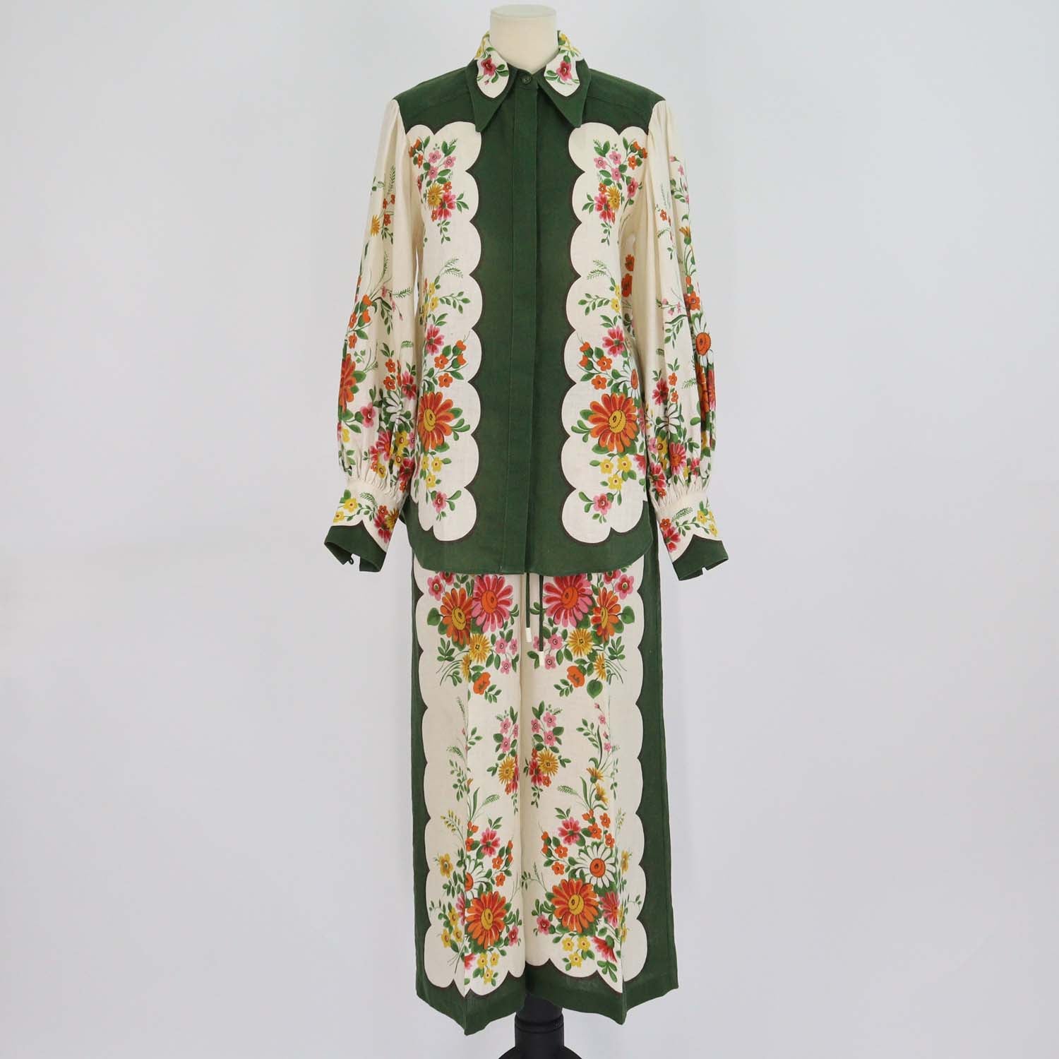 Alemais Green/Cream Linen Floral Print Long Sleeve Shirt & Wide Leg Pants Set