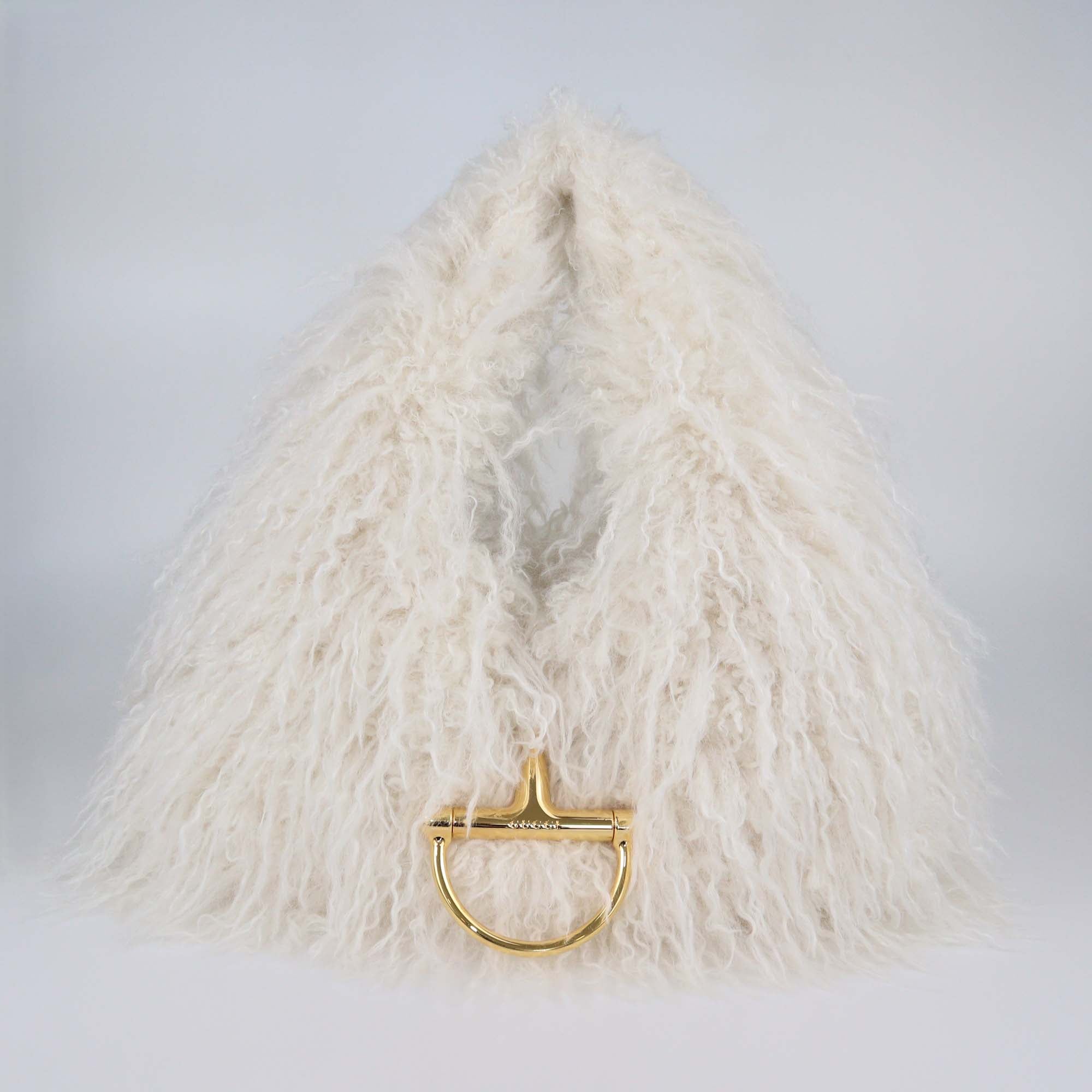 Gucci White Faux Fur Maxi Softbit Shoulder Bag