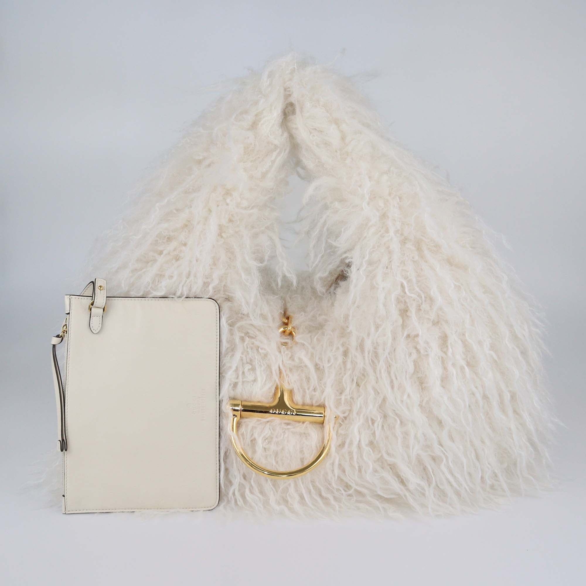 Gucci White Faux Fur Maxi Softbit Shoulder Bag