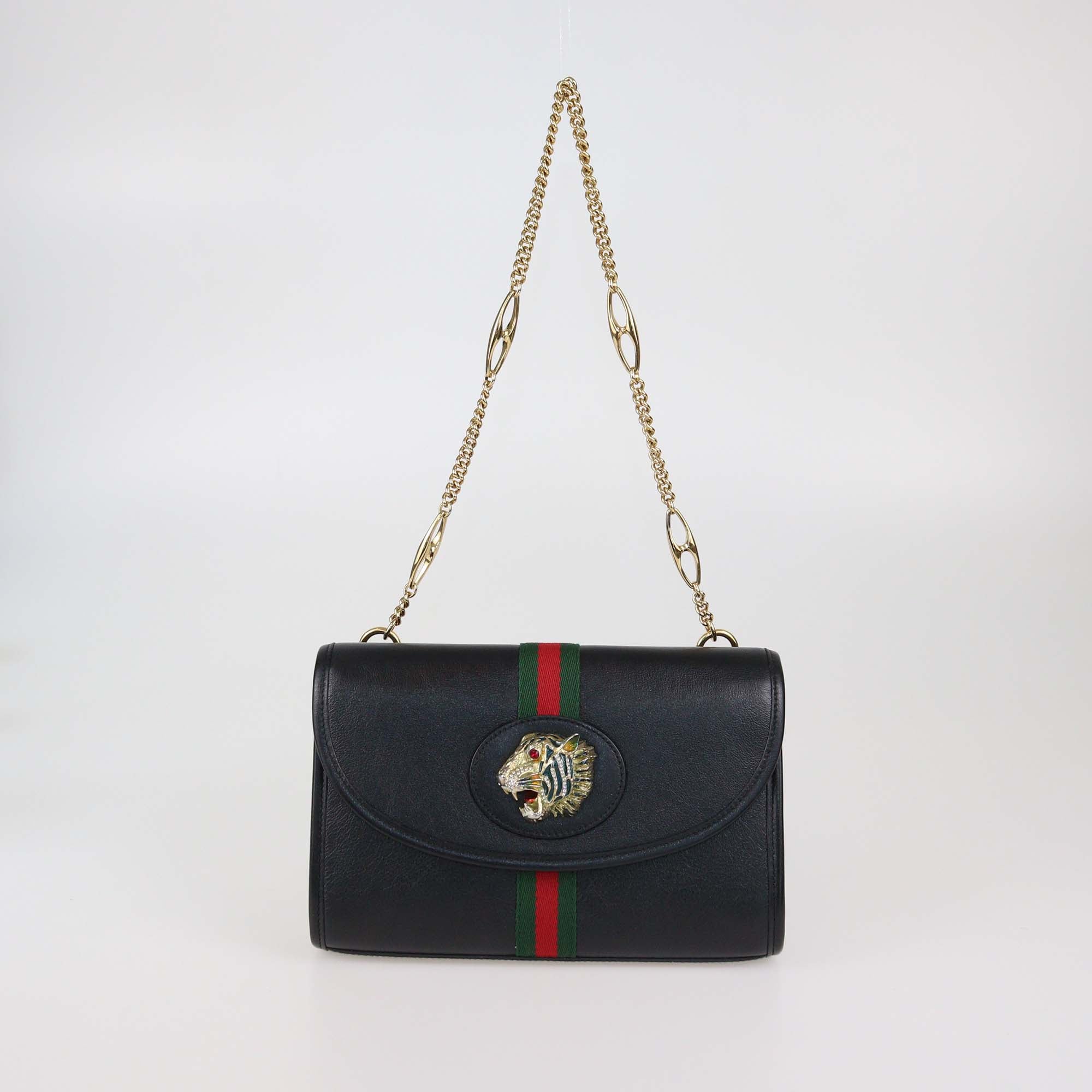 Gucci Black Leather Small Web Rajah Chain Shoulder Bag