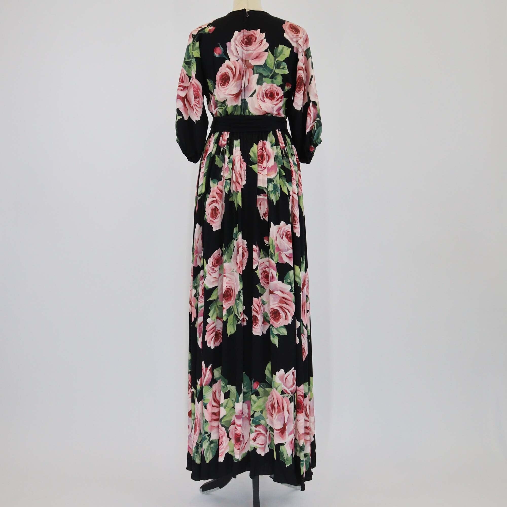 Dolce & Gabbana Black/Multicolor Floral Print Half Sleeve Belted Maxi Dress Womens Dolce & Gabbana